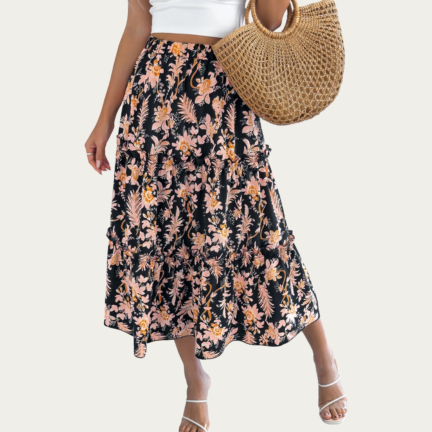 Floral Print Tiered Skirt with Ruffled Detailing for Flattering Fit and Feminine Elegance