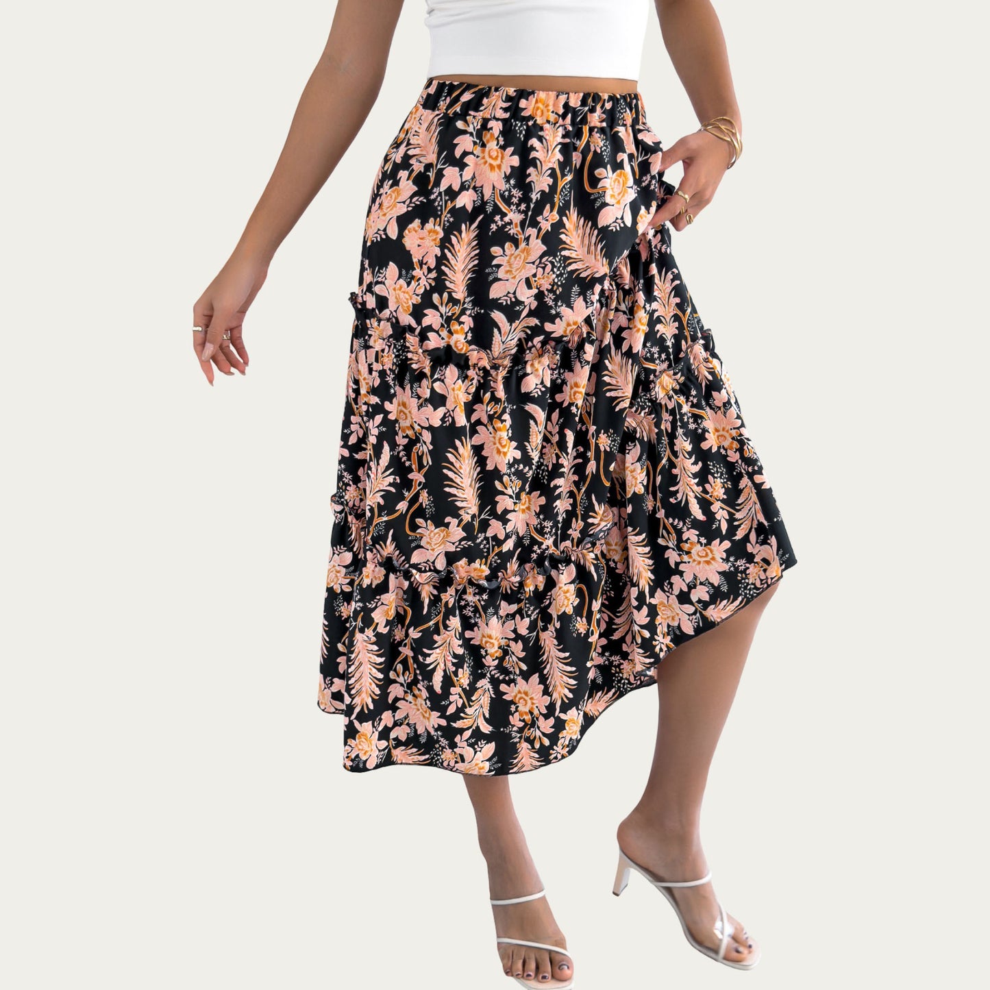 Floral Print Tiered Skirt with Ruffled Detailing for Flattering Fit and Feminine Elegance
