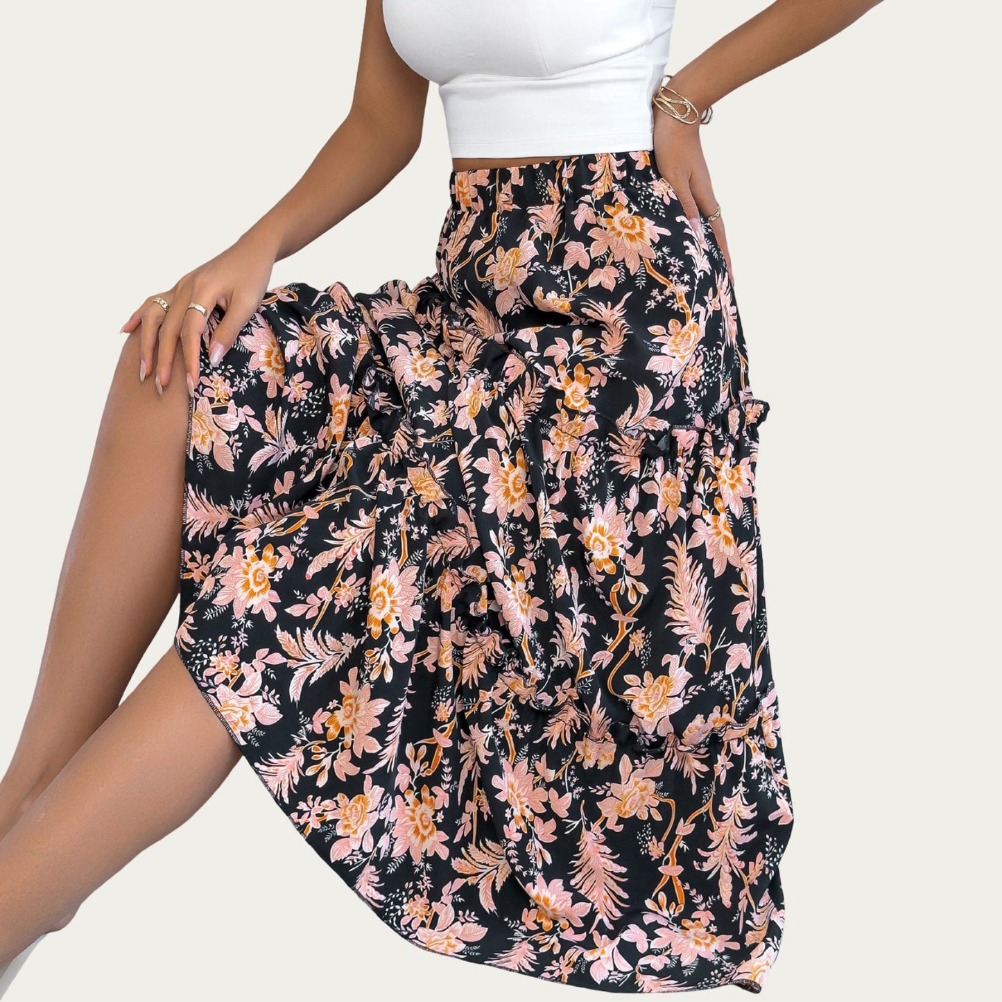 Floral Print Tiered Skirt with Ruffled Detailing for Flattering Fit and Feminine Elegance