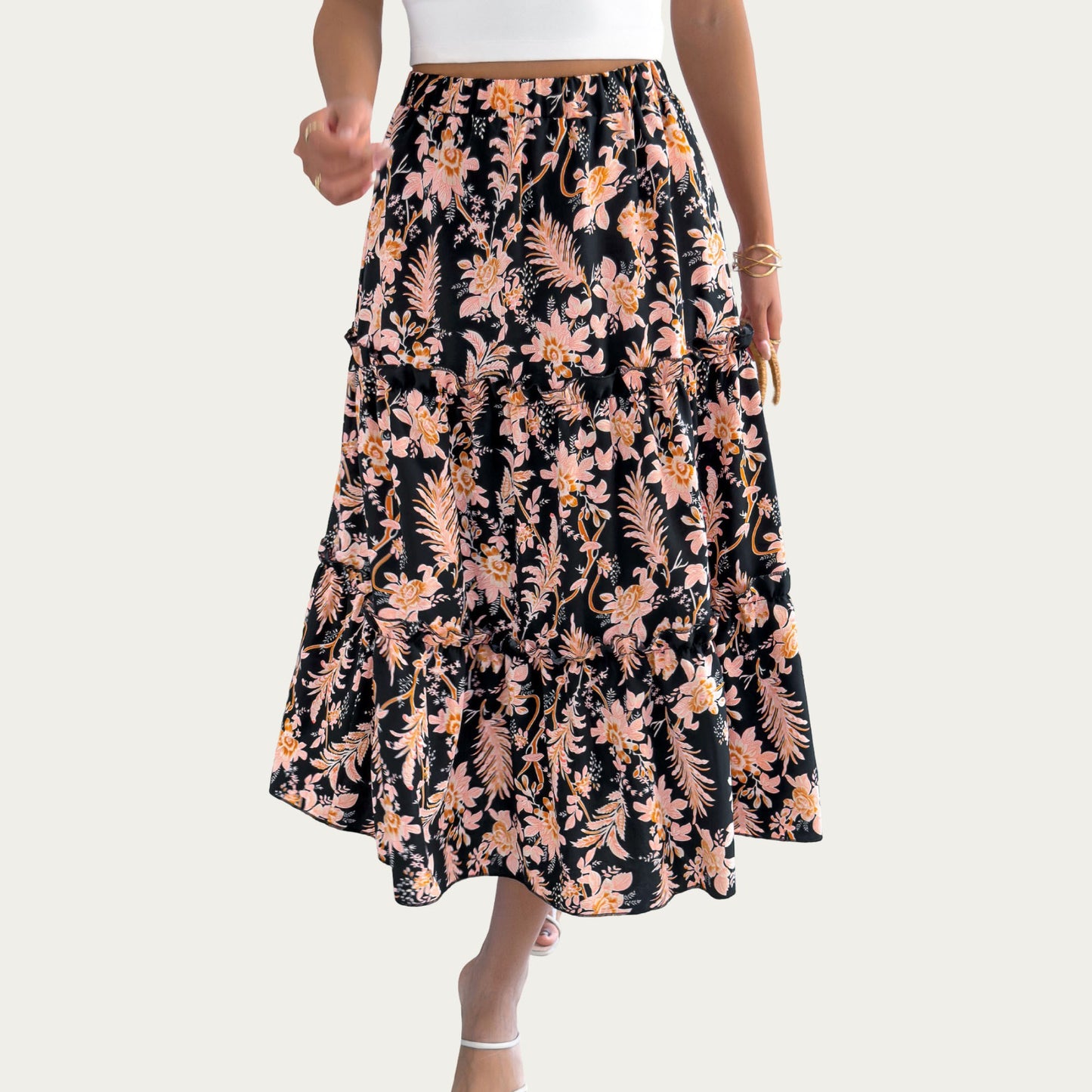 Floral Print Tiered Skirt with Ruffled Detailing for Flattering Fit and Feminine Elegance