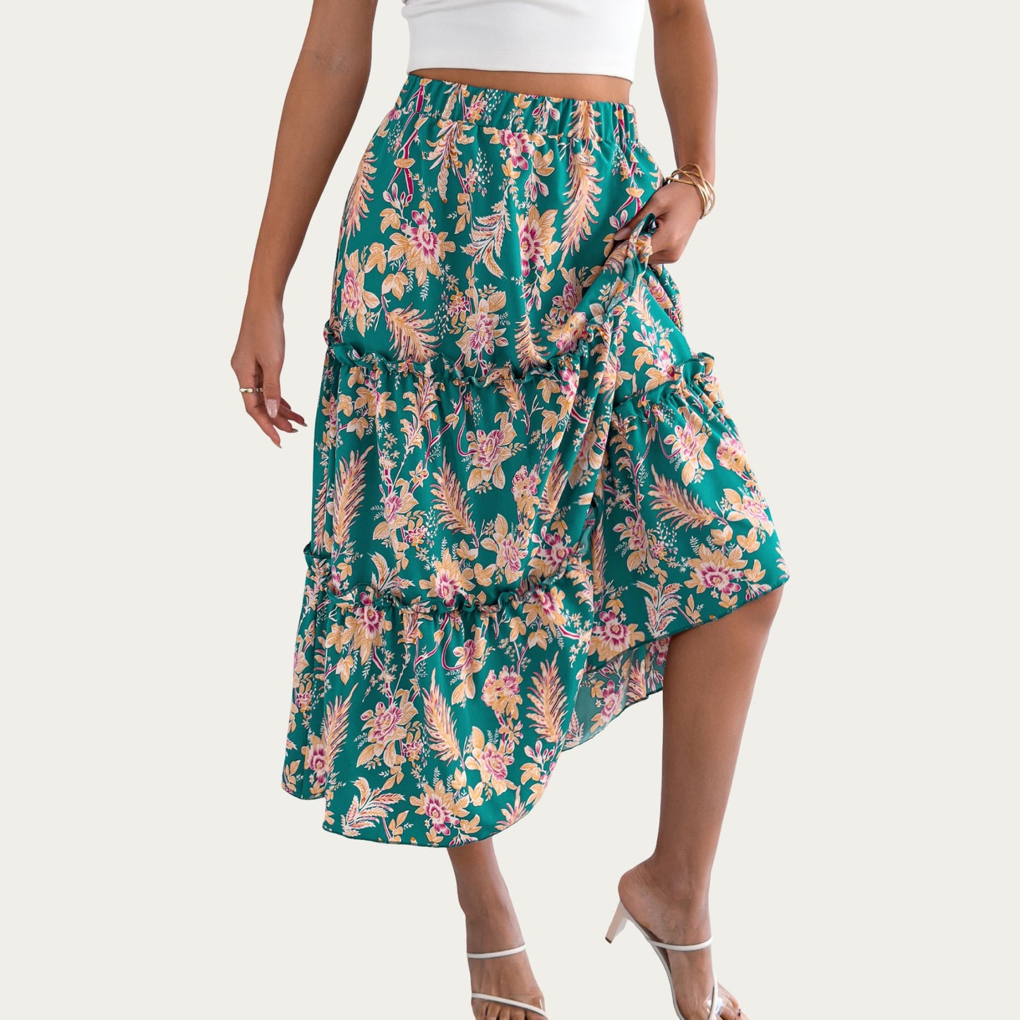 Floral Print Tiered Skirt with Ruffled Detailing for Flattering Fit and Feminine Elegance