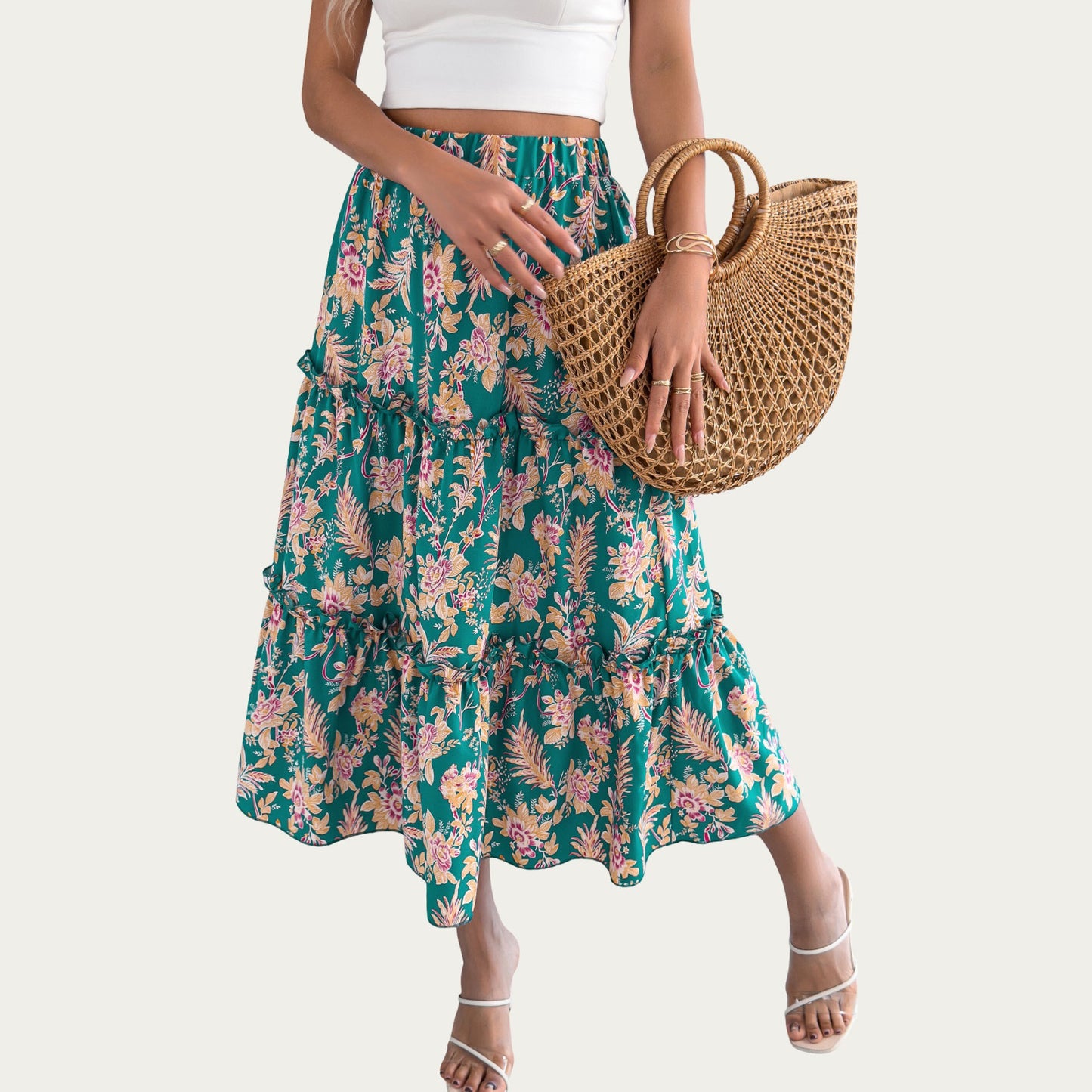 Floral Print Tiered Skirt with Ruffled Detailing for Flattering Fit and Feminine Elegance