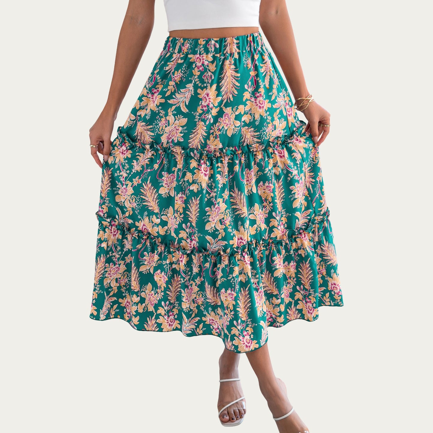 Floral Print Tiered Skirt with Ruffled Detailing for Flattering Fit and Feminine Elegance