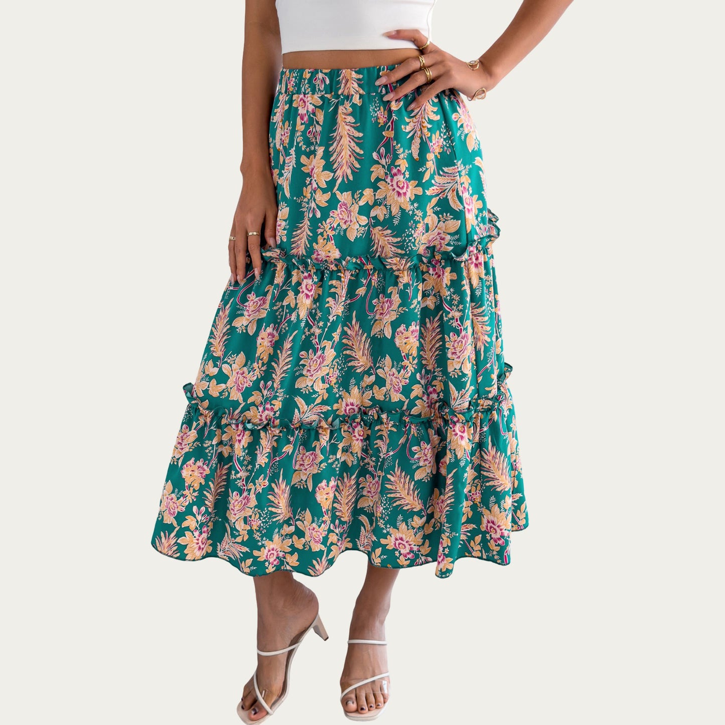 Floral Print Tiered Skirt with Ruffled Detailing for Flattering Fit and Feminine Elegance