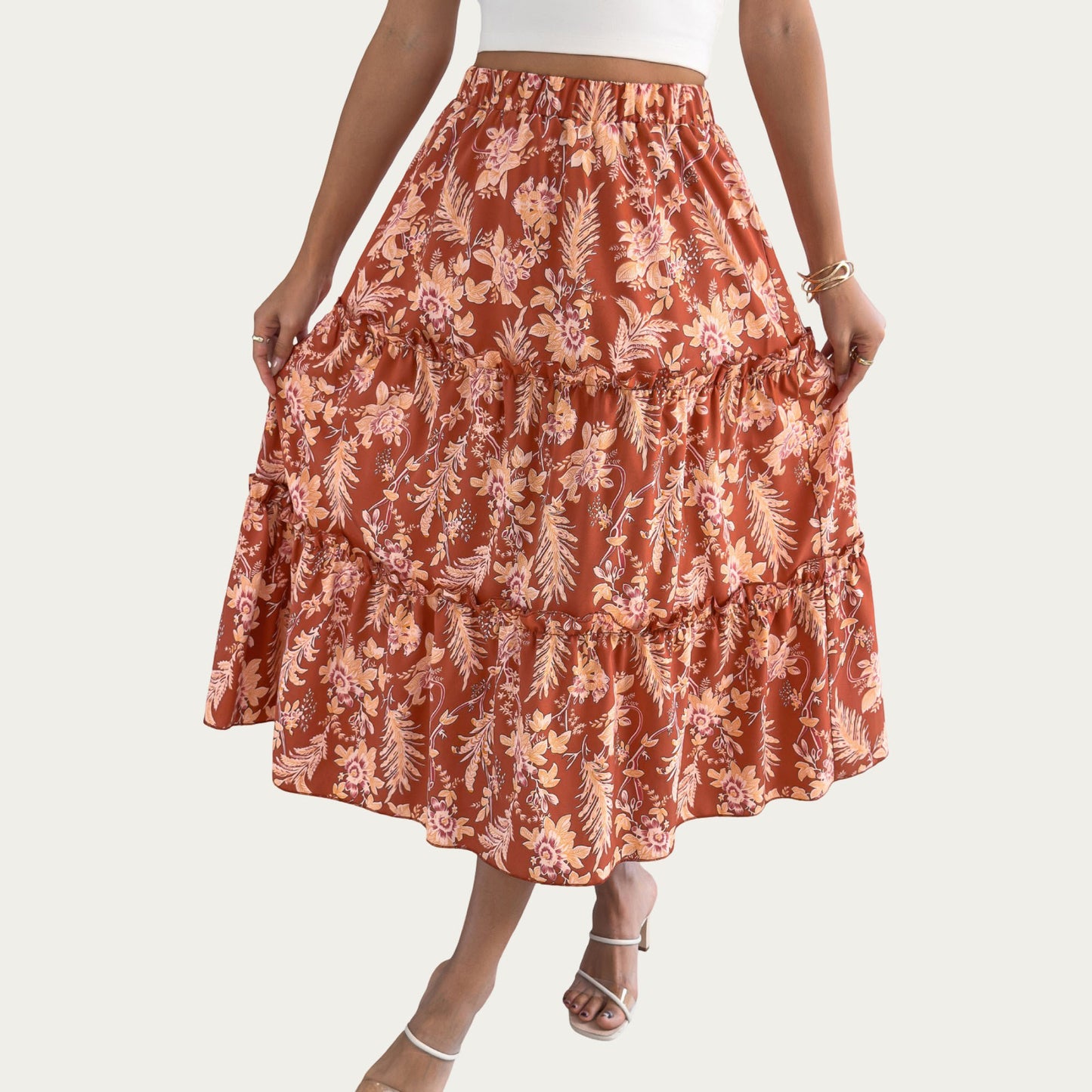 Floral Print Tiered Skirt with Ruffled Detailing for Flattering Fit and Feminine Elegance