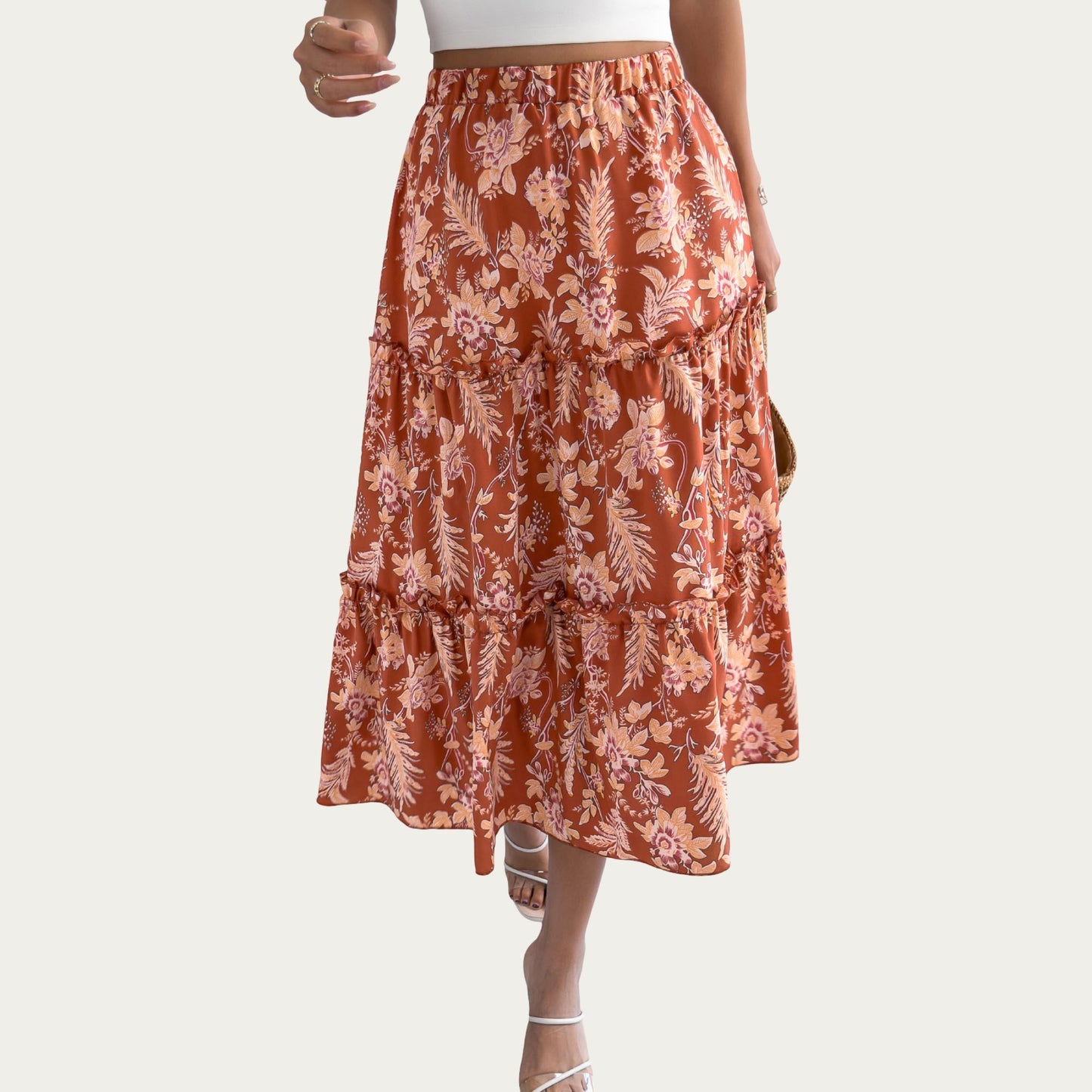 Floral Print Tiered Skirt with Ruffled Detailing for Flattering Fit and Feminine Elegance