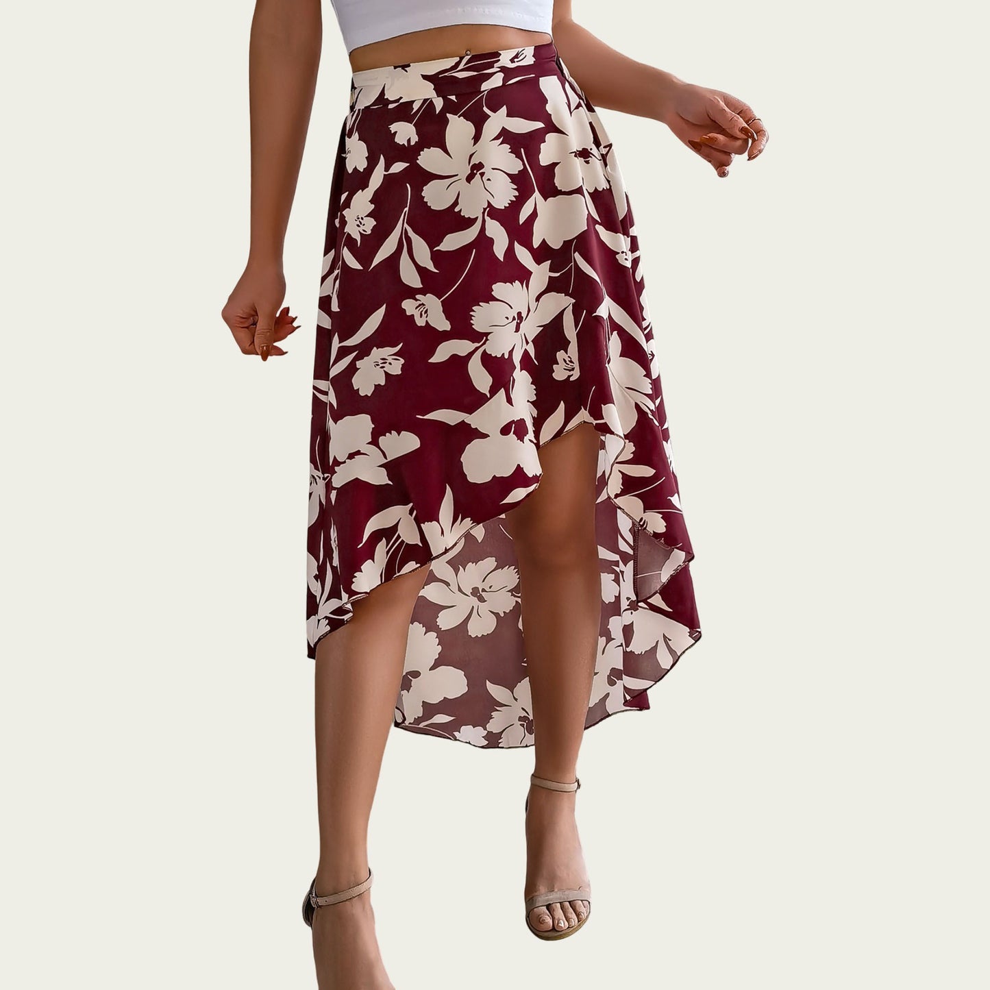 Floral Print High-Low Skirt with Elegant Asymmetrical Hem and Flattering Fit