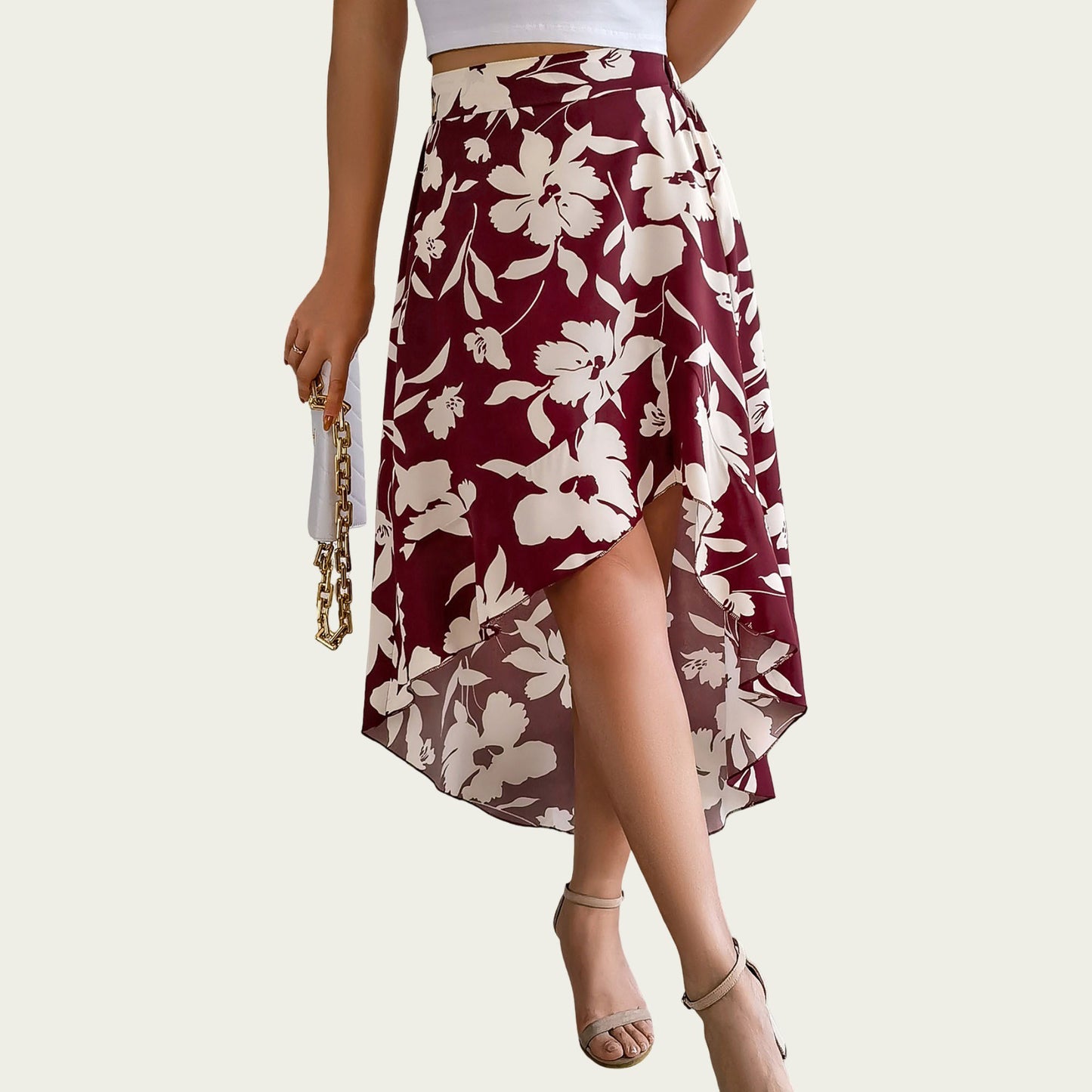 Floral Print High-Low Skirt with Elegant Asymmetrical Hem and Flattering Fit