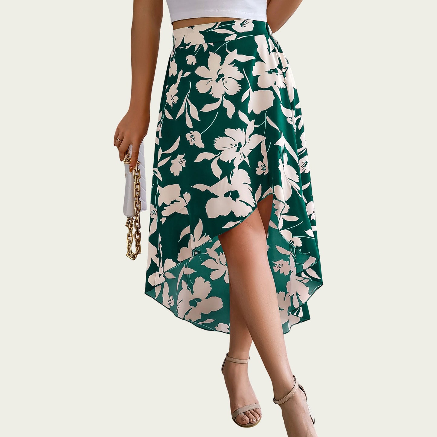 Floral Print High-Low Skirt with Elegant Asymmetrical Hem and Flattering Fit