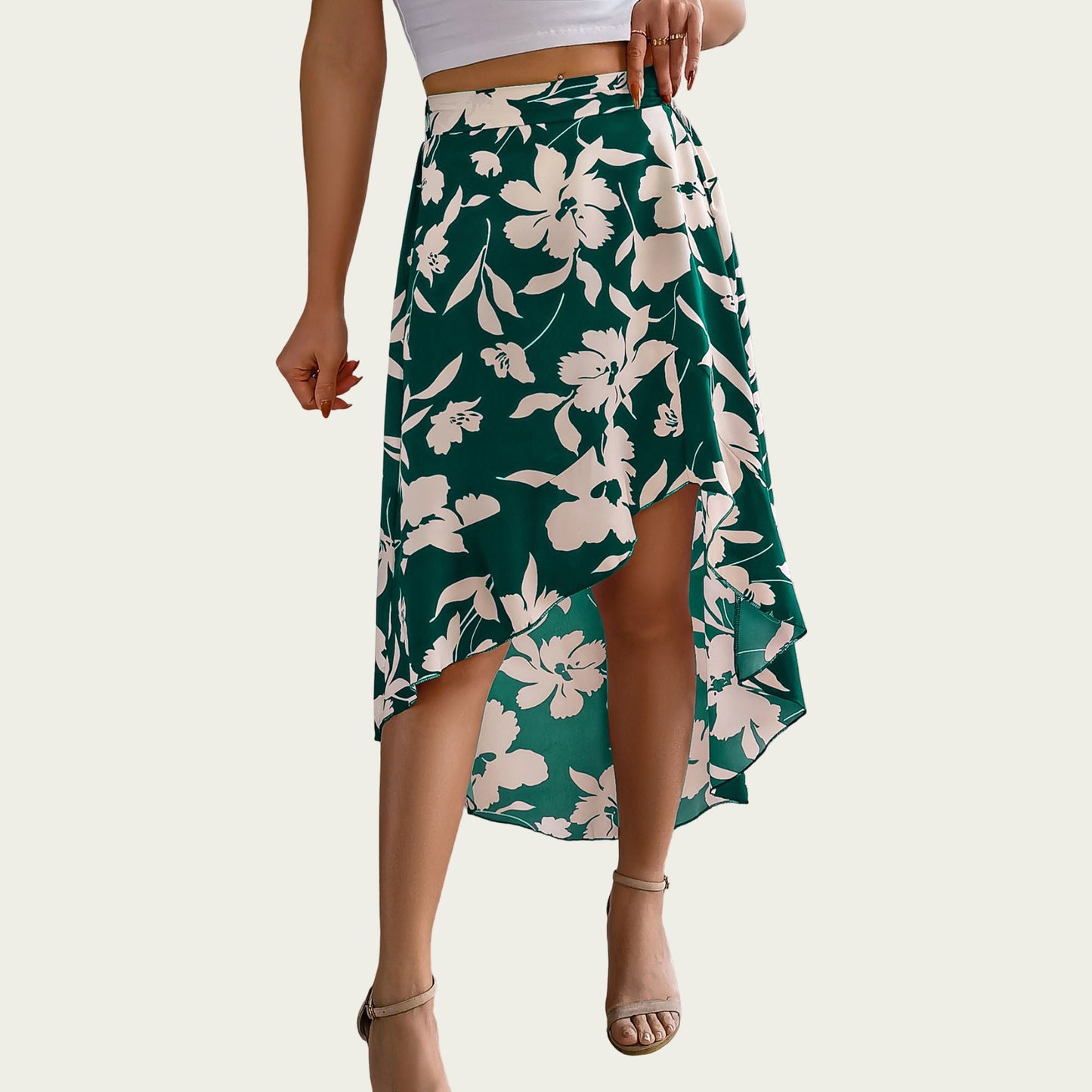 Floral Print High-Low Skirt with Elegant Asymmetrical Hem and Flattering Fit