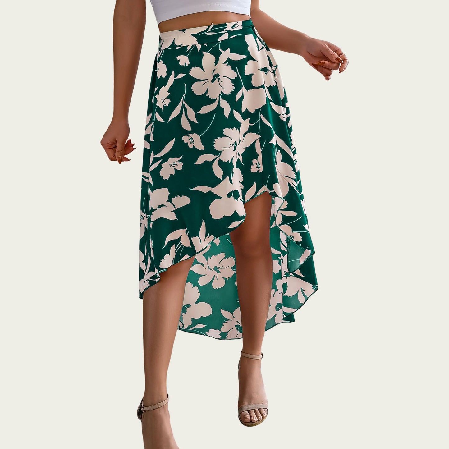 Floral Print High-Low Skirt with Elegant Asymmetrical Hem and Flattering Fit