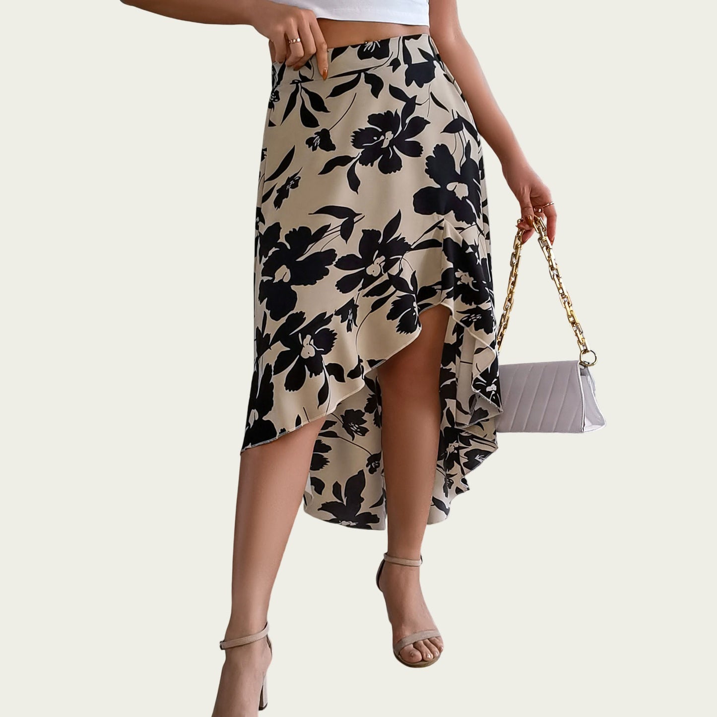 Floral Print High-Low Skirt with Elegant Asymmetrical Hem and Flattering Fit
