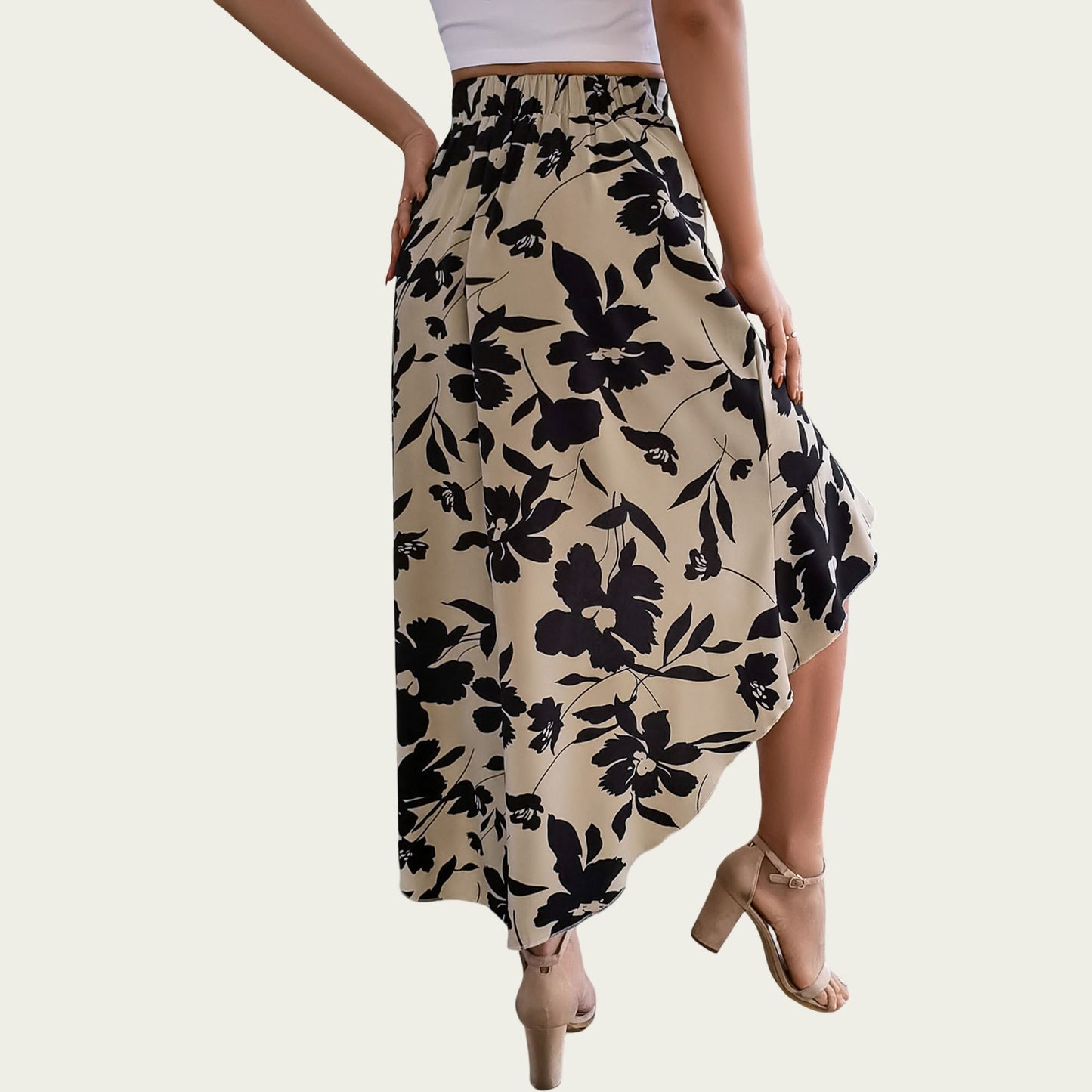 Floral Print High-Low Skirt with Elegant Asymmetrical Hem and Flattering Fit