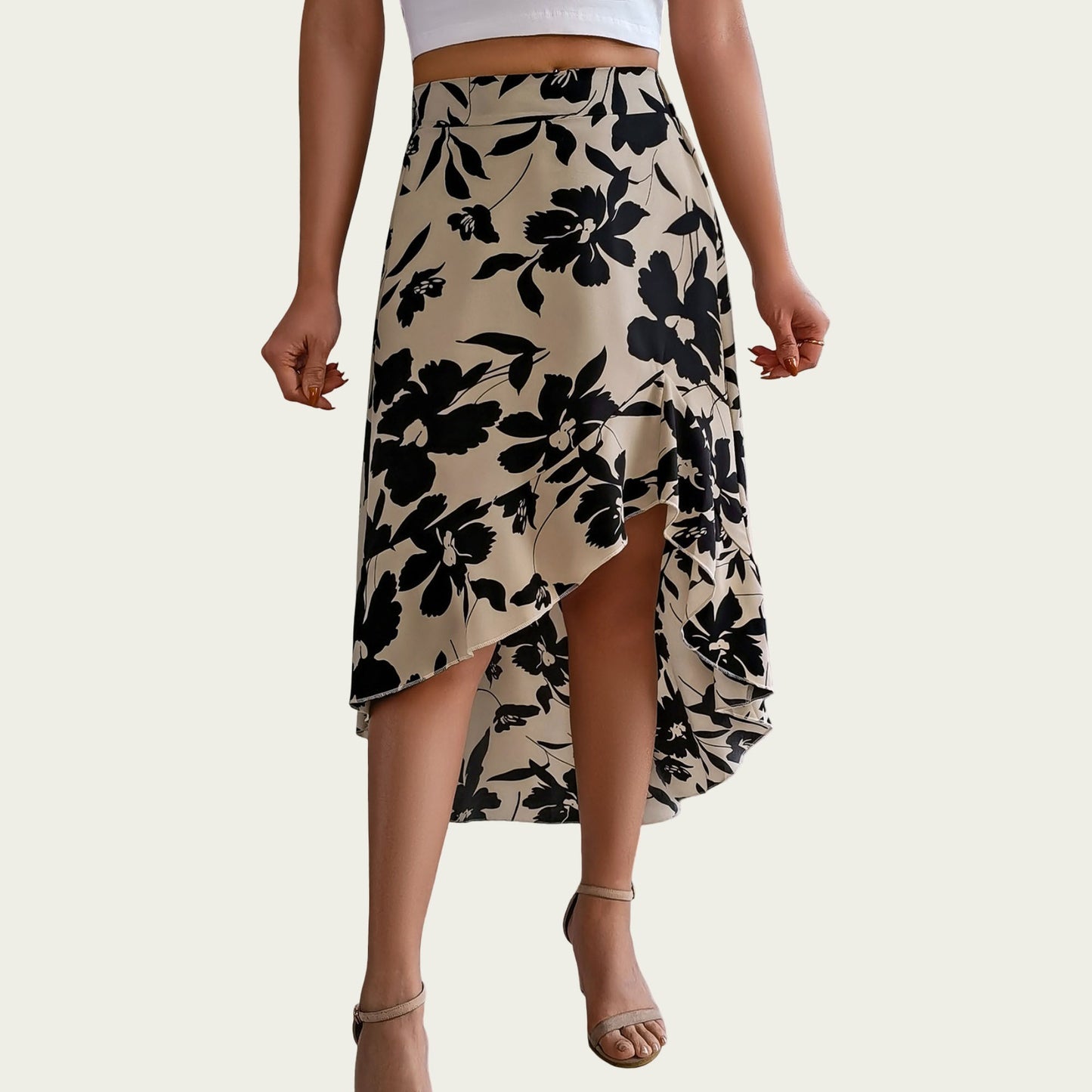 Floral Print High-Low Skirt with Elegant Asymmetrical Hem and Flattering Fit