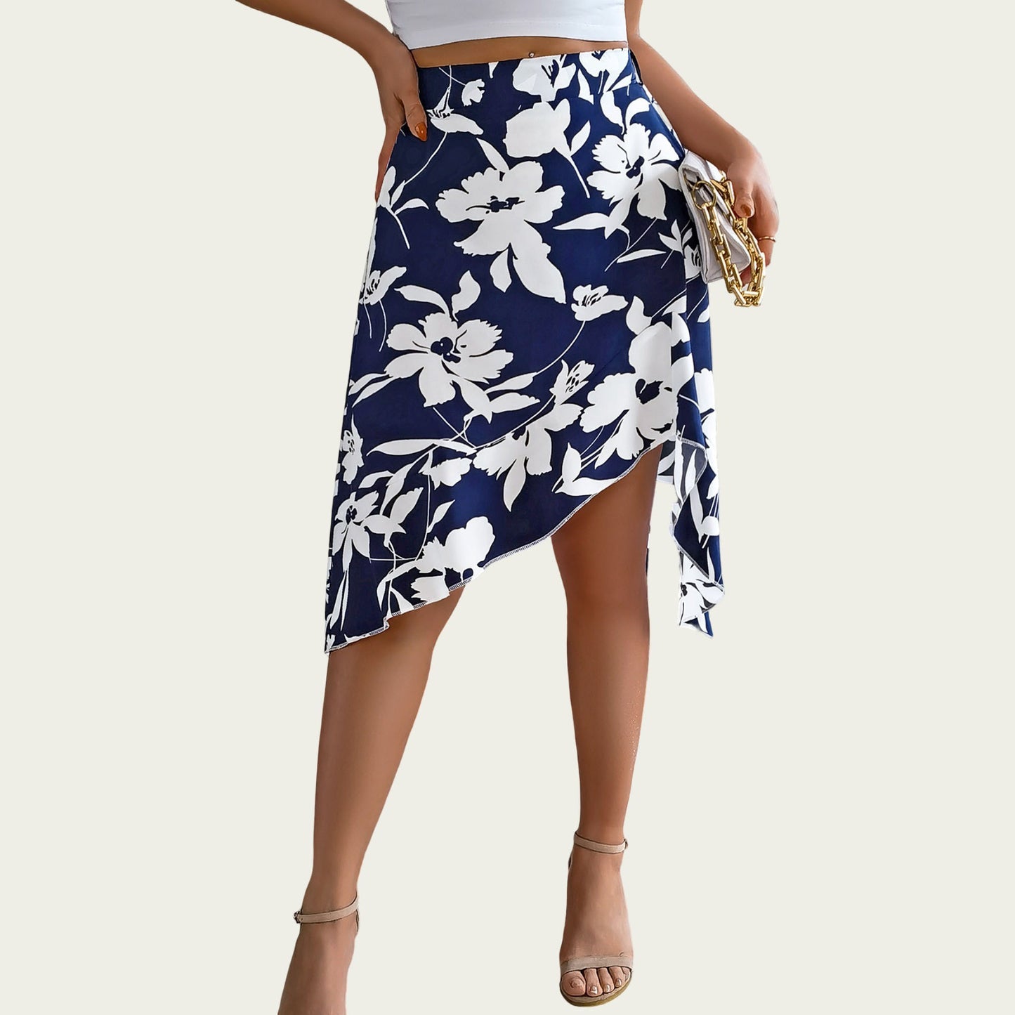Floral Print High-Low Skirt with Elegant Asymmetrical Hem and Flattering Fit