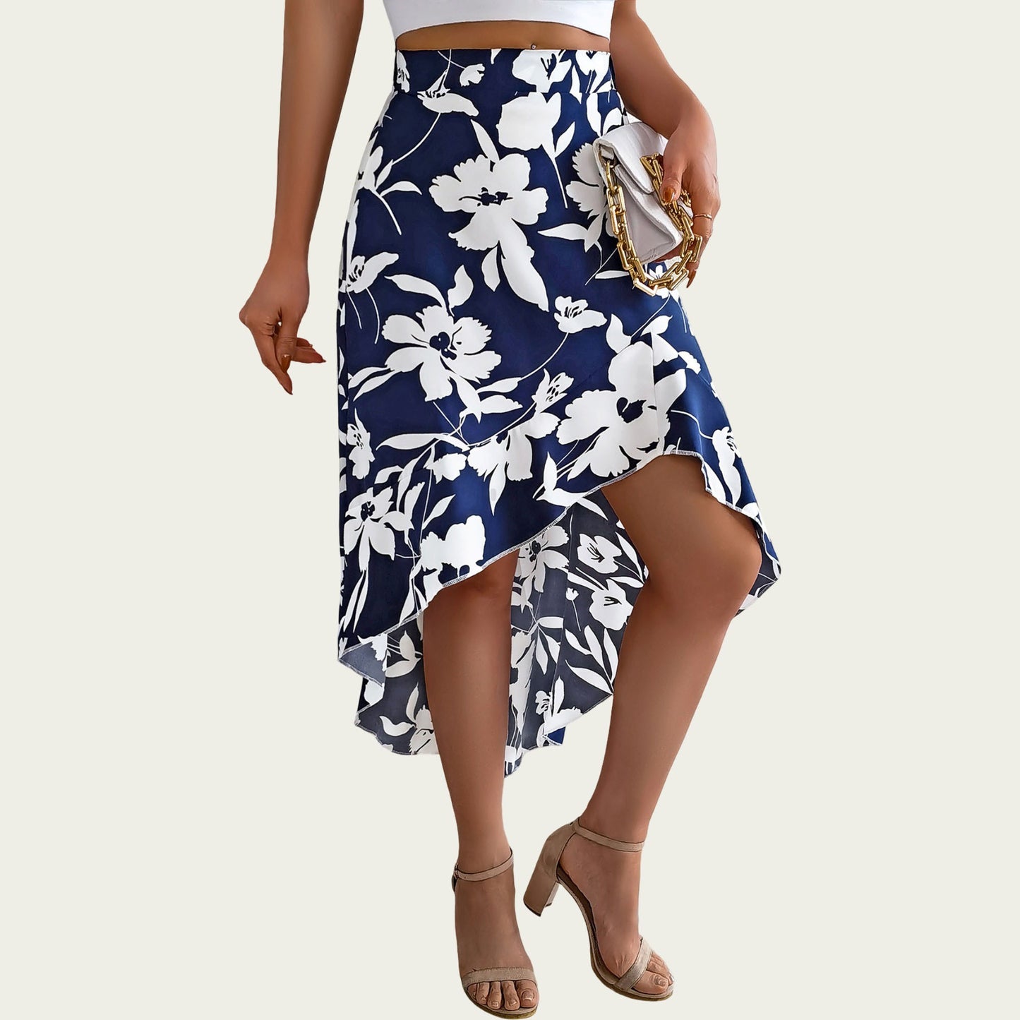 Floral Print High-Low Skirt with Elegant Asymmetrical Hem and Flattering Fit