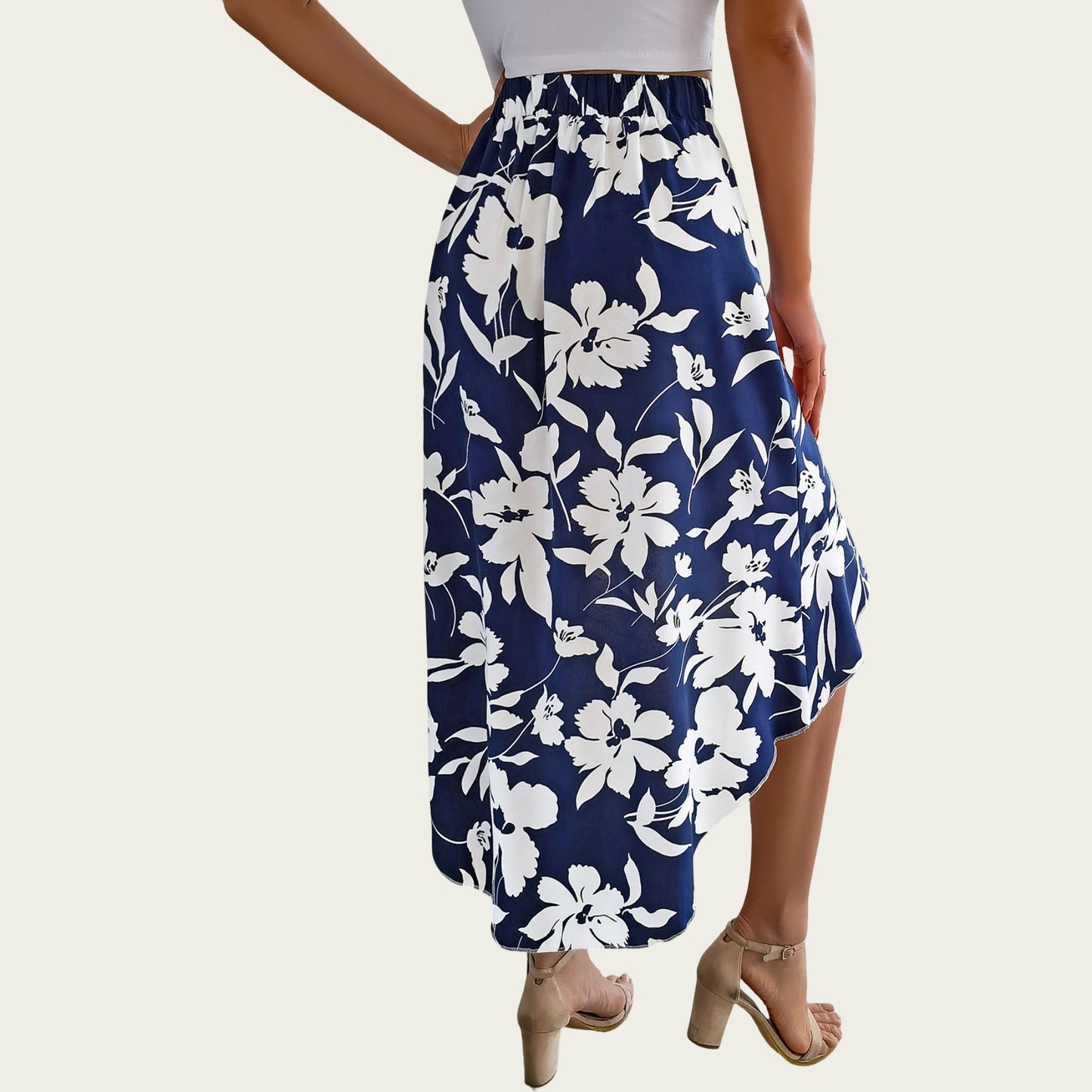 Floral Print High-Low Skirt with Elegant Asymmetrical Hem and Flattering Fit