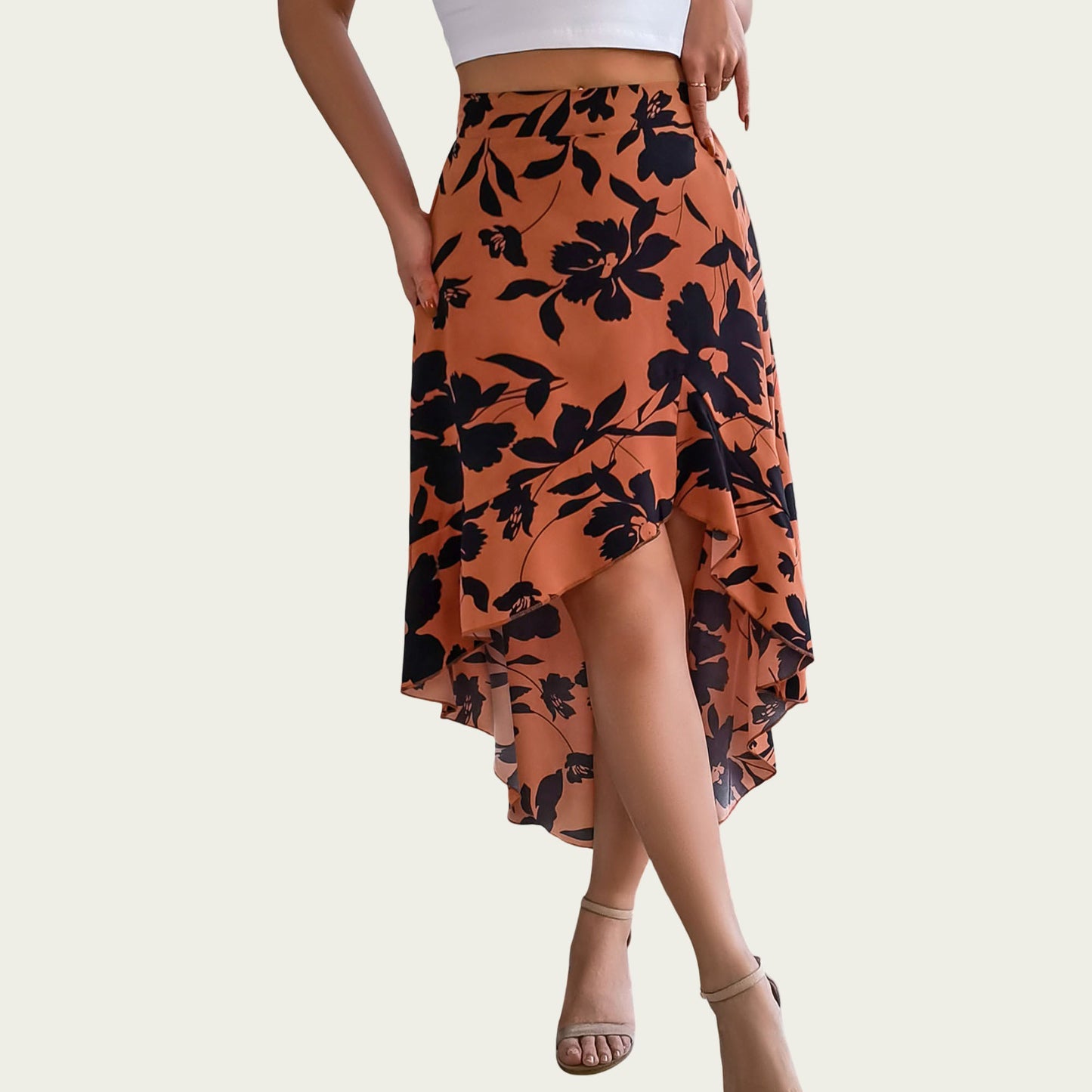 Floral Print High-Low Skirt with Elegant Asymmetrical Hem and Flattering Fit