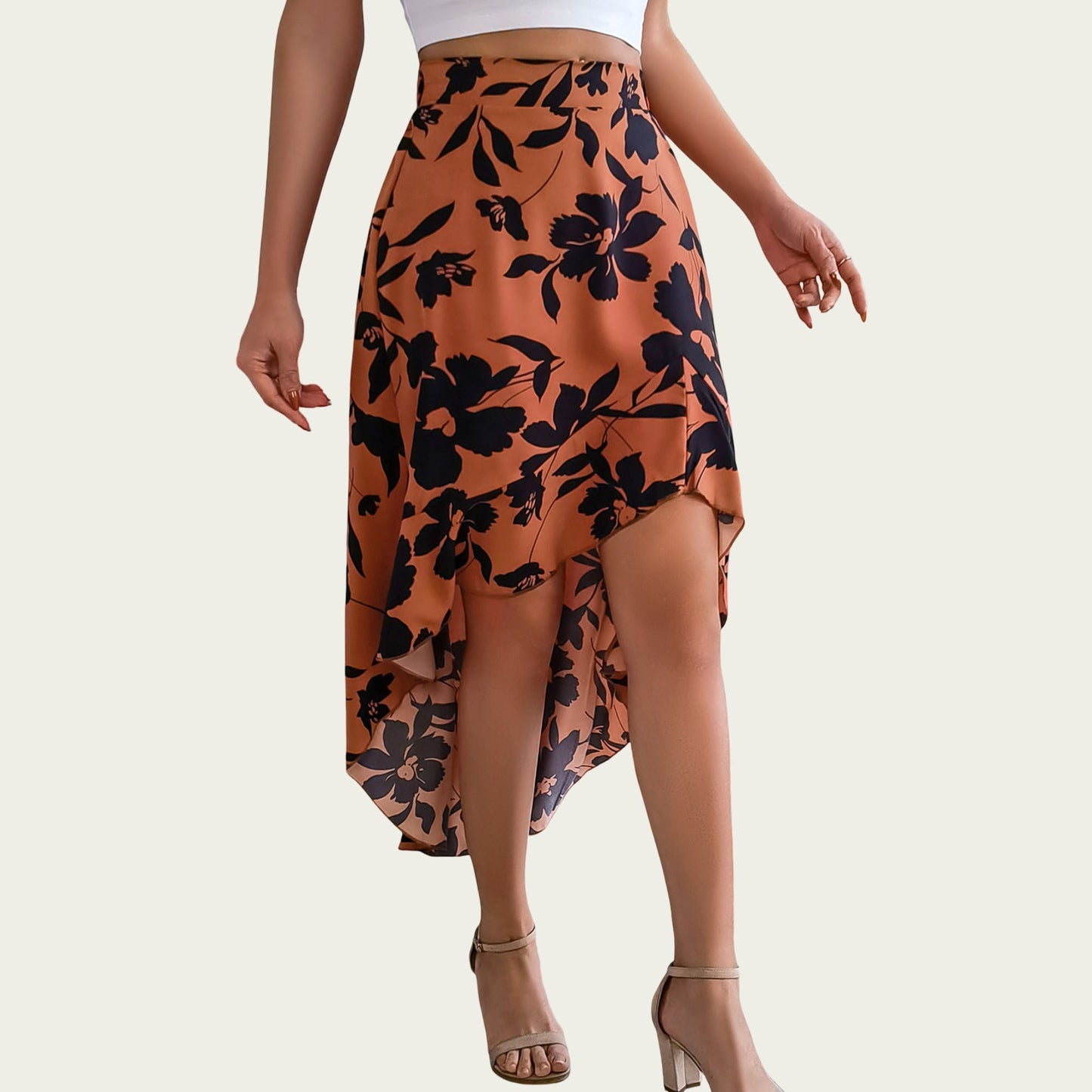 Floral Print High-Low Skirt with Elegant Asymmetrical Hem and Flattering Fit