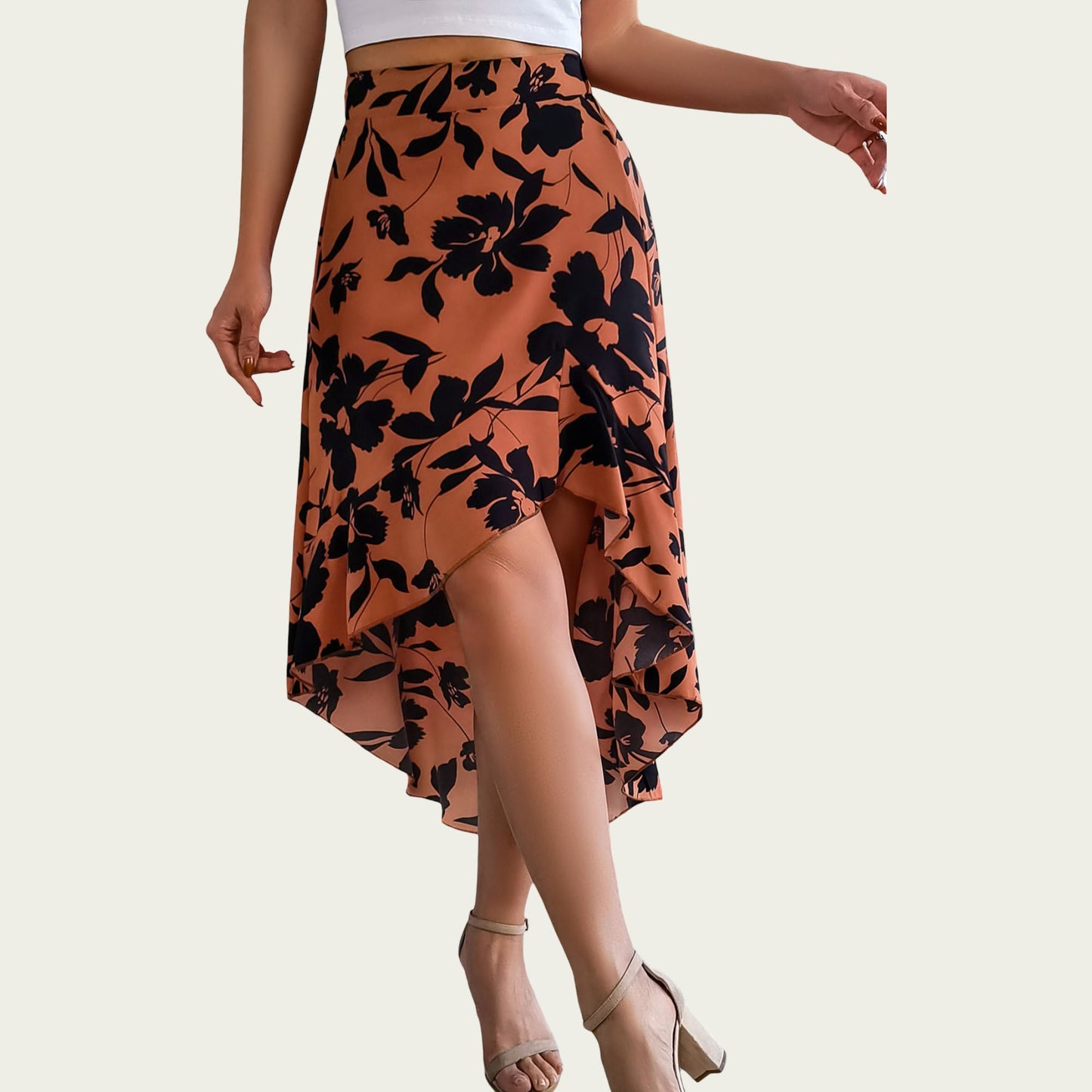 Floral Print High-Low Skirt with Elegant Asymmetrical Hem and Flattering Fit