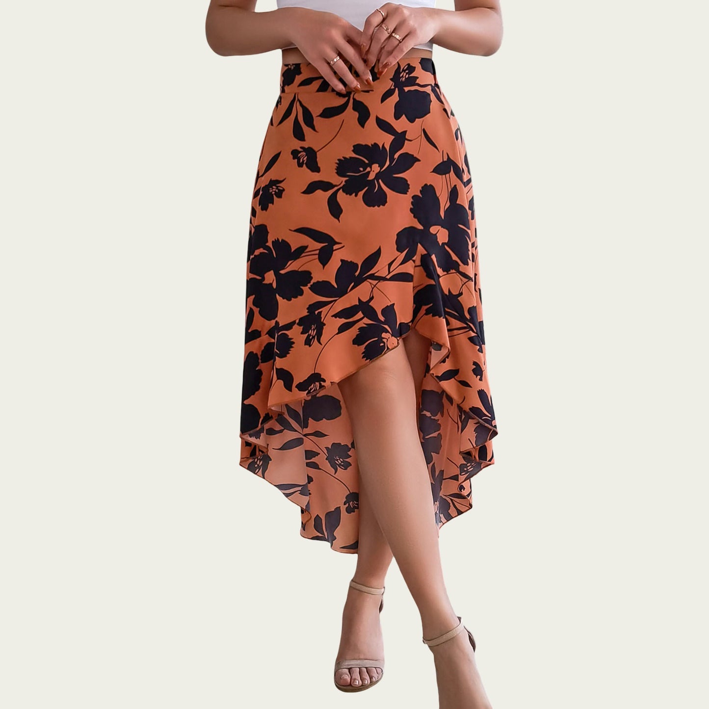 Floral Print High-Low Skirt with Elegant Asymmetrical Hem and Flattering Fit