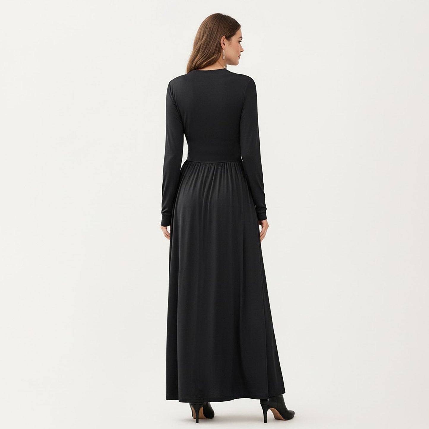 V-Neck Long Sleeve Maxi Dress with Lace Detail and Side Slit for Elegant Flowing Fit