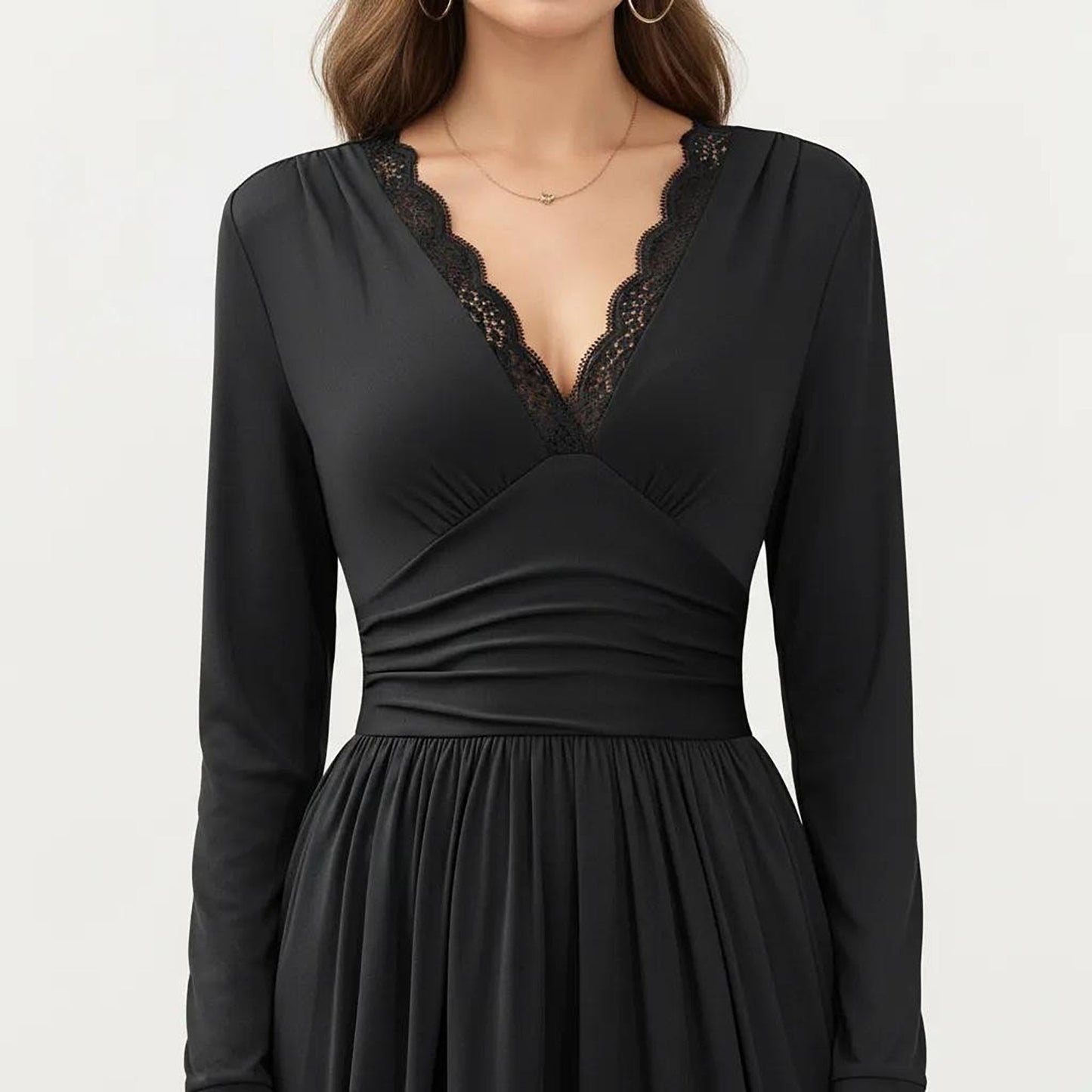 V-Neck Long Sleeve Maxi Dress with Lace Detail and Side Slit for Elegant Flowing Fit