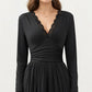 V-Neck Long Sleeve Maxi Dress with Lace Detail and Side Slit for Elegant Flowing Fit