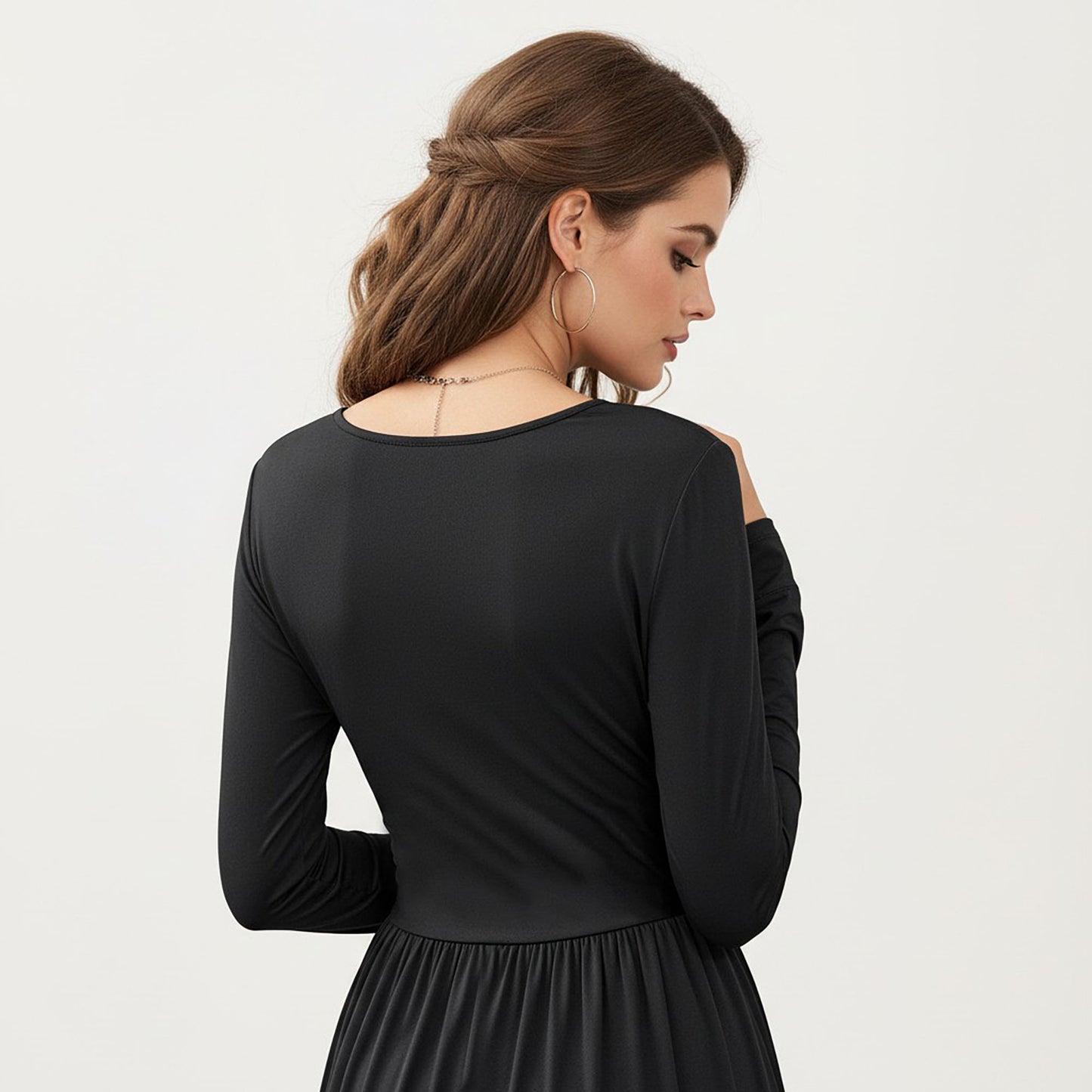 V-Neck Long Sleeve Maxi Dress with Lace Detail and Side Slit for Elegant Flowing Fit