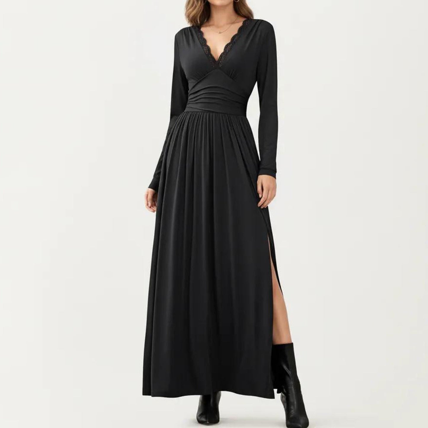 V-Neck Long Sleeve Maxi Dress with Lace Detail and Side Slit for Elegant Flowing Fit