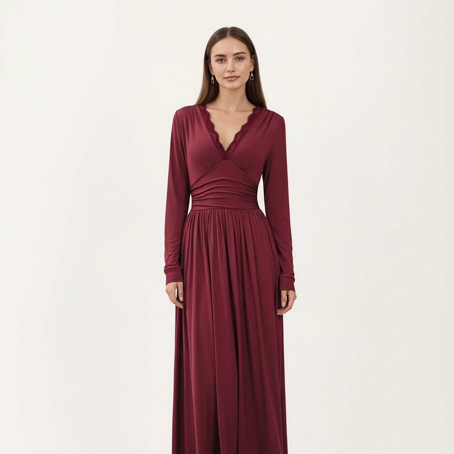 V-Neck Long Sleeve Maxi Dress with Lace Detail and Side Slit for Elegant Flowing Fit