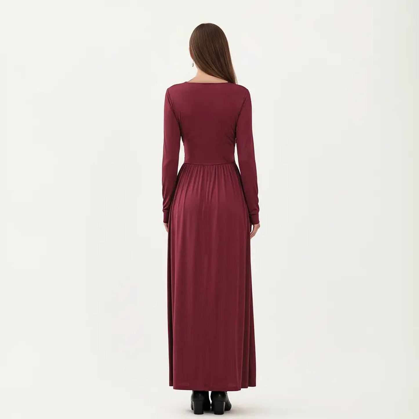 V-Neck Long Sleeve Maxi Dress with Lace Detail and Side Slit for Elegant Flowing Fit