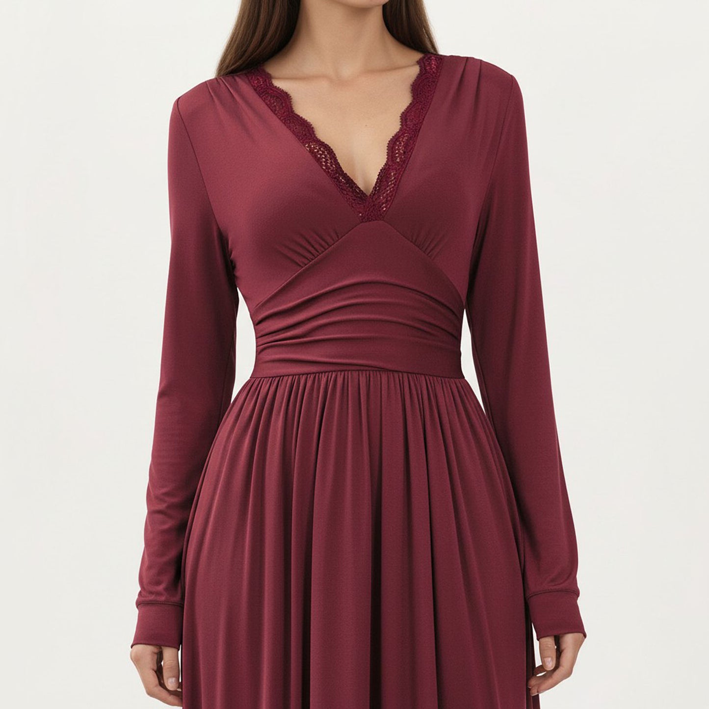 V-Neck Long Sleeve Maxi Dress with Lace Detail and Side Slit for Elegant Flowing Fit