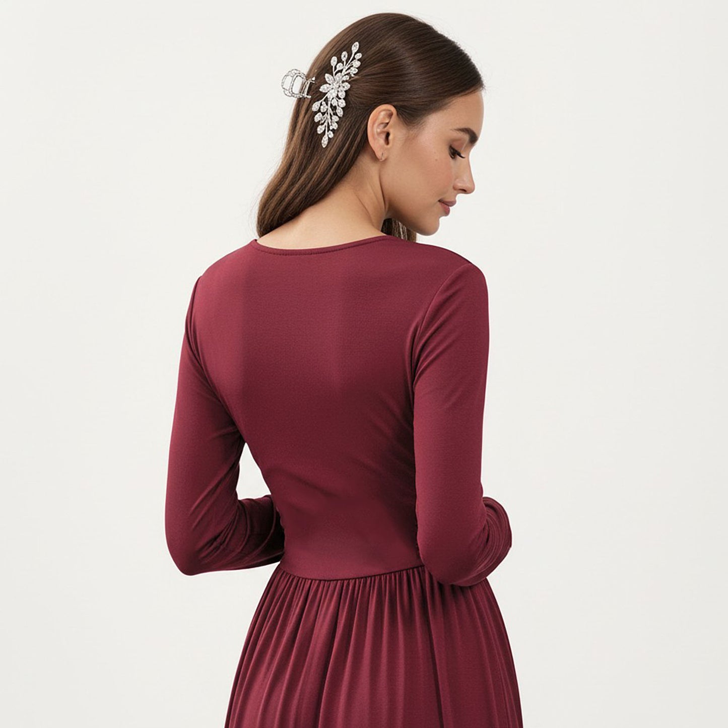 V-Neck Long Sleeve Maxi Dress with Lace Detail and Side Slit for Elegant Flowing Fit