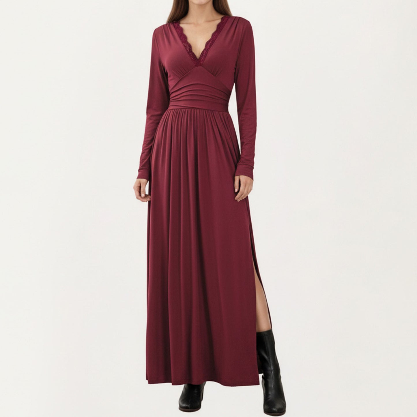 V-Neck Long Sleeve Maxi Dress with Lace Detail and Side Slit for Elegant Flowing Fit
