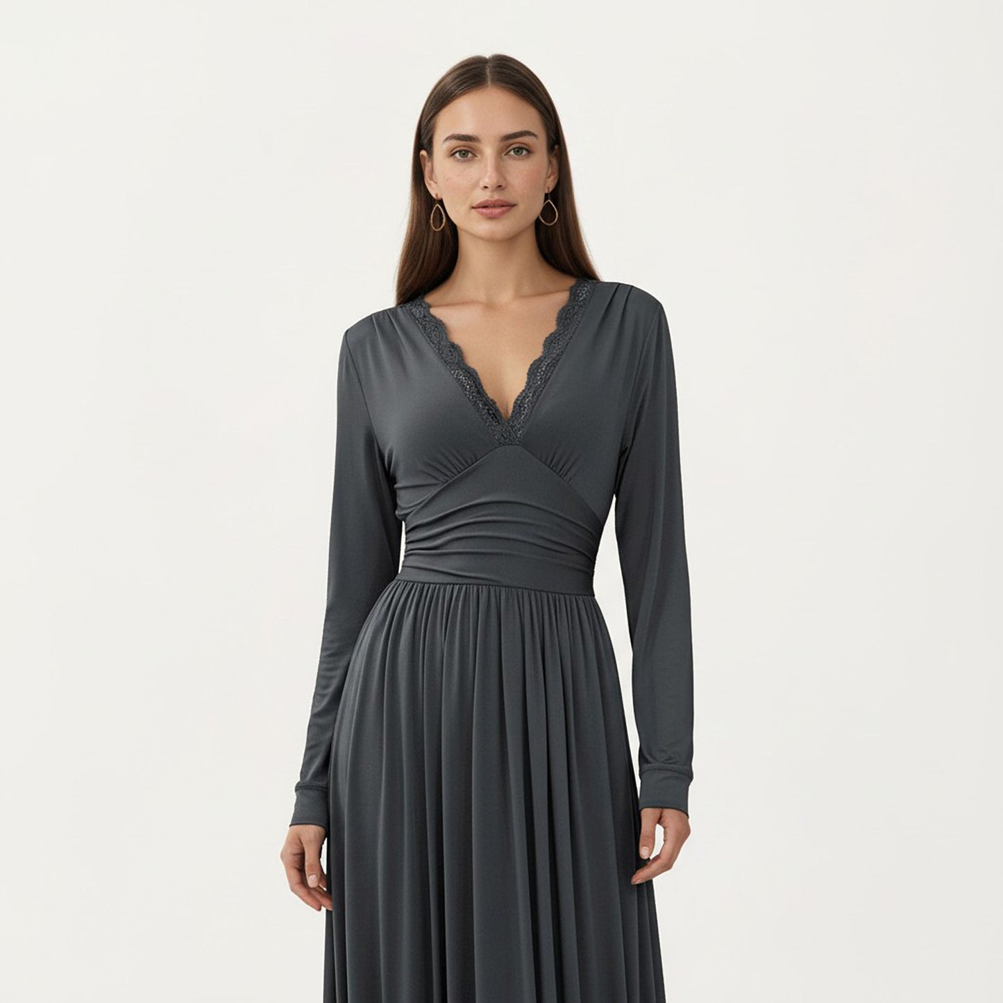 V-Neck Long Sleeve Maxi Dress with Lace Detail and Side Slit for Elegant Flowing Fit