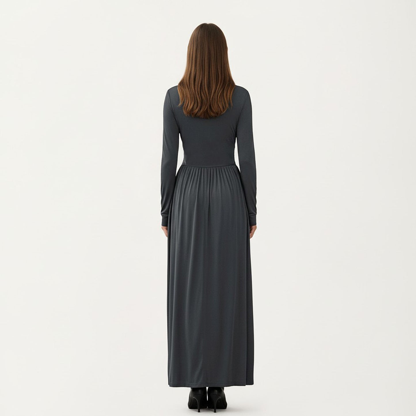 V-Neck Long Sleeve Maxi Dress with Lace Detail and Side Slit for Elegant Flowing Fit