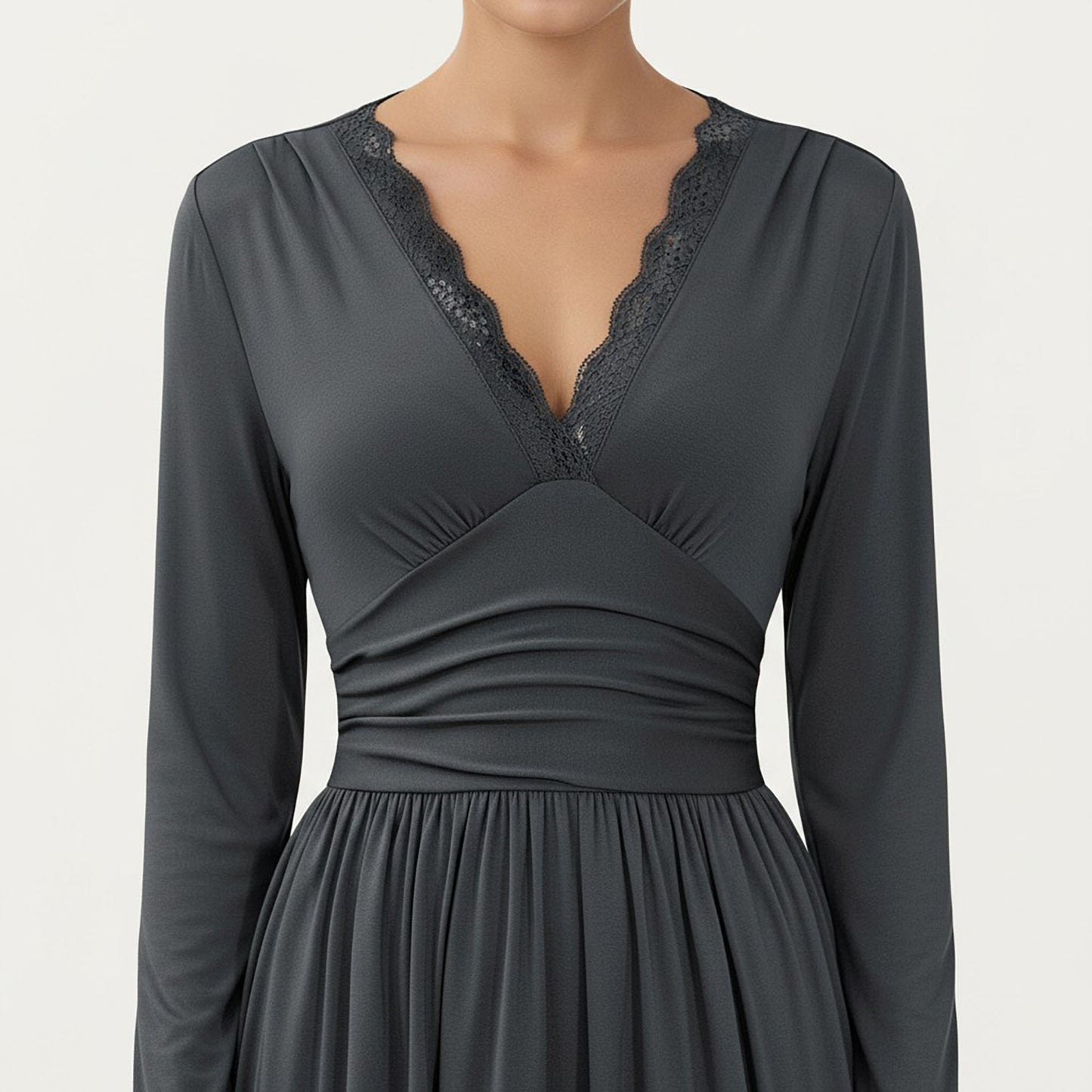 V-Neck Long Sleeve Maxi Dress with Lace Detail and Side Slit for Elegant Flowing Fit