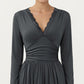 V-Neck Long Sleeve Maxi Dress with Lace Detail and Side Slit for Elegant Flowing Fit