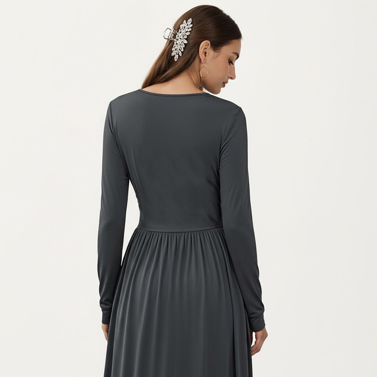 V-Neck Long Sleeve Maxi Dress with Lace Detail and Side Slit for Elegant Flowing Fit