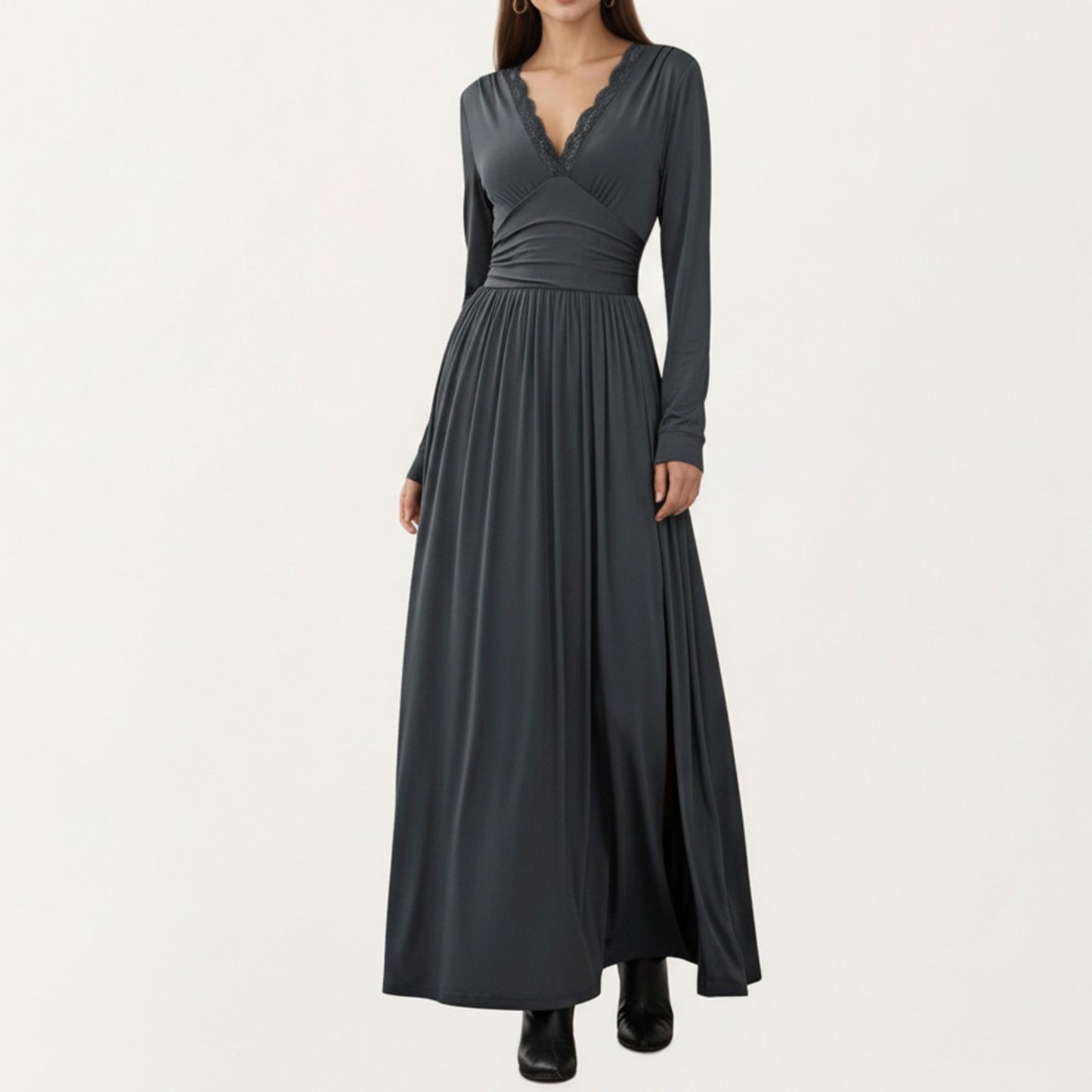 V-Neck Long Sleeve Maxi Dress with Lace Detail and Side Slit for Elegant Flowing Fit
