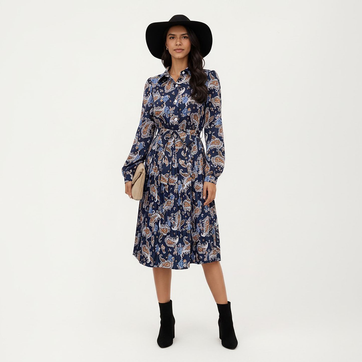 Paisley Print Pleated Shirt Dress with Tie Waist and Long Sleeves for a Flattering Fit
