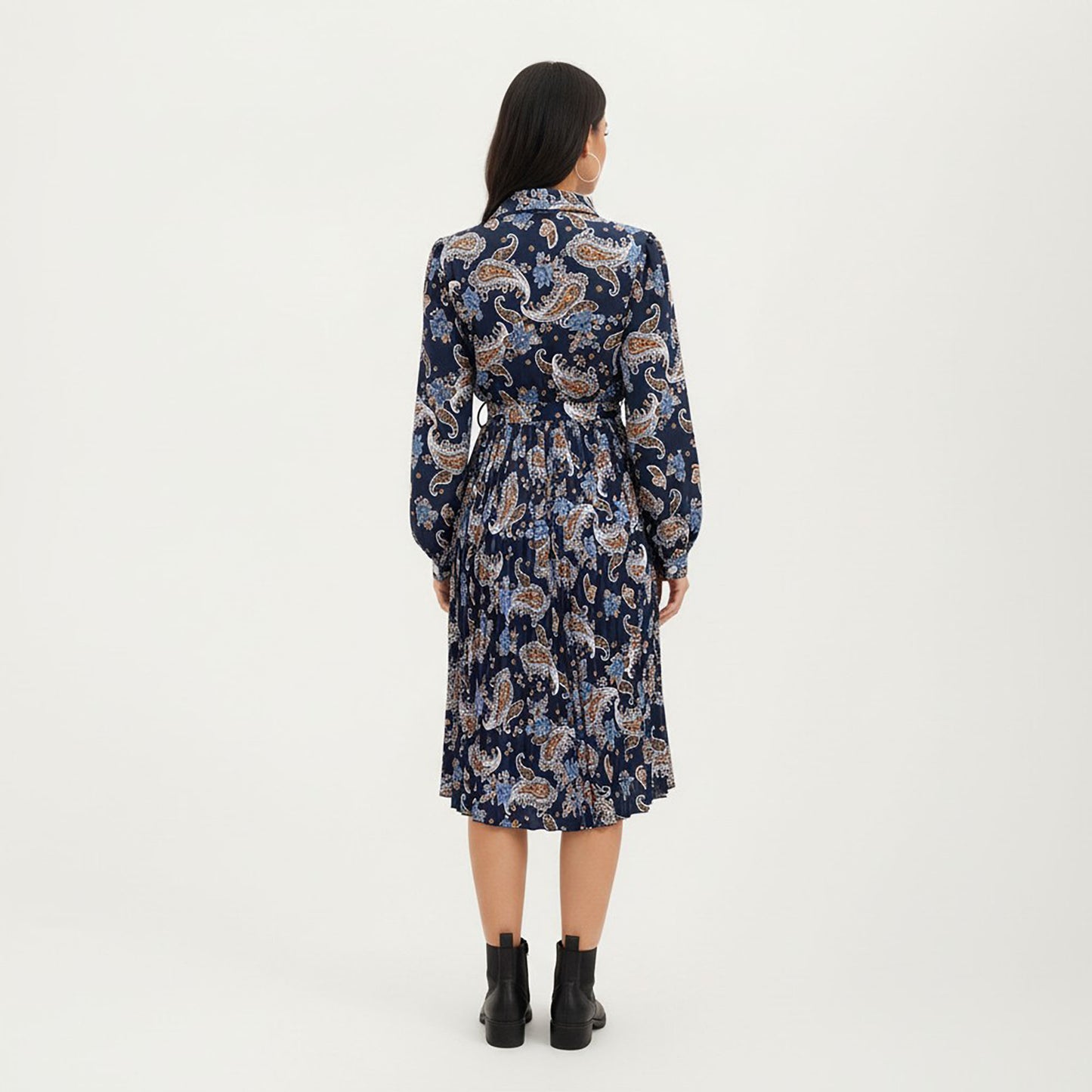 Paisley Print Pleated Shirt Dress with Tie Waist and Long Sleeves for a Flattering Fit