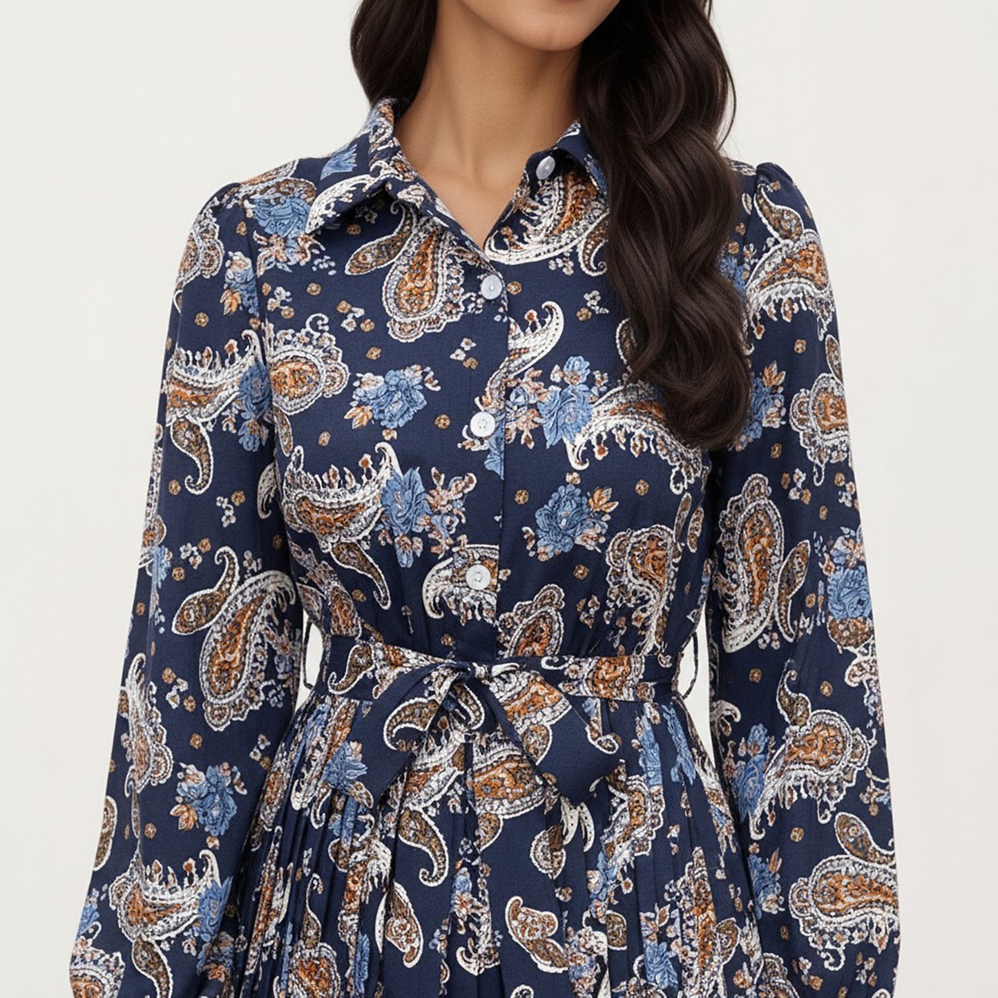 Paisley Print Pleated Shirt Dress with Tie Waist and Long Sleeves for a Flattering Fit