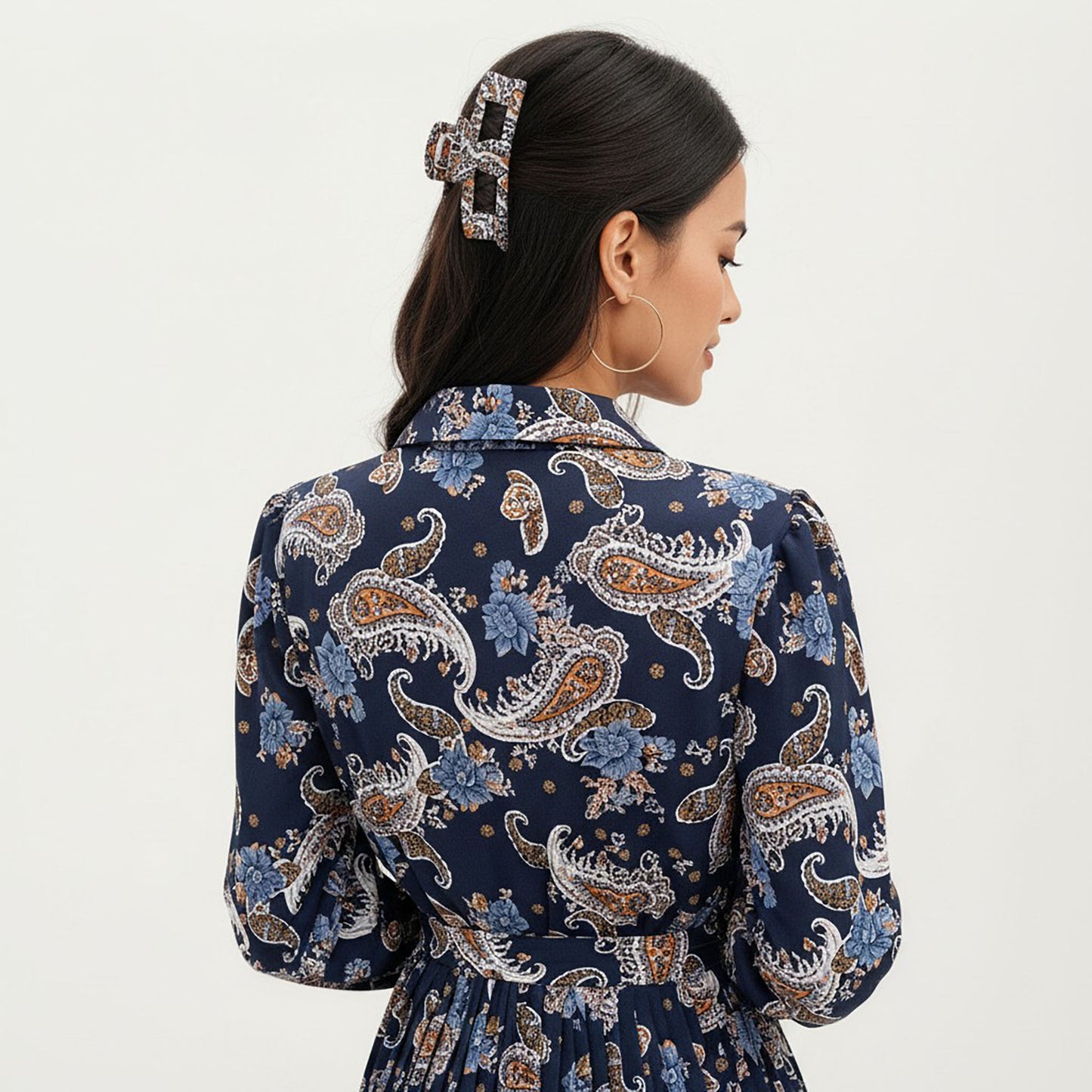 Paisley Print Pleated Shirt Dress with Tie Waist and Long Sleeves for a Flattering Fit