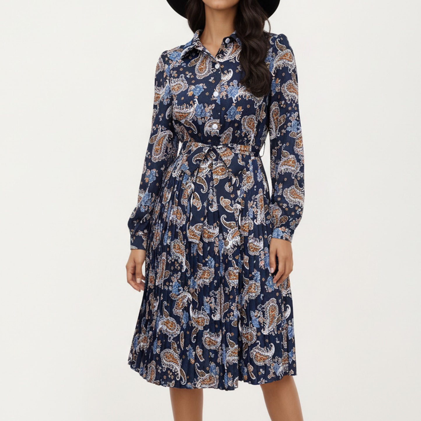 Paisley Print Pleated Shirt Dress with Tie Waist and Long Sleeves for a Flattering Fit