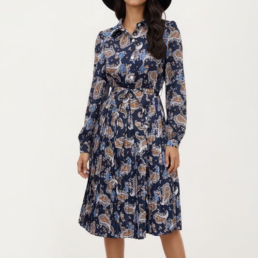 Paisley Print Pleated Shirt Dress with Tie Waist and Long Sleeves for a Flattering Fit