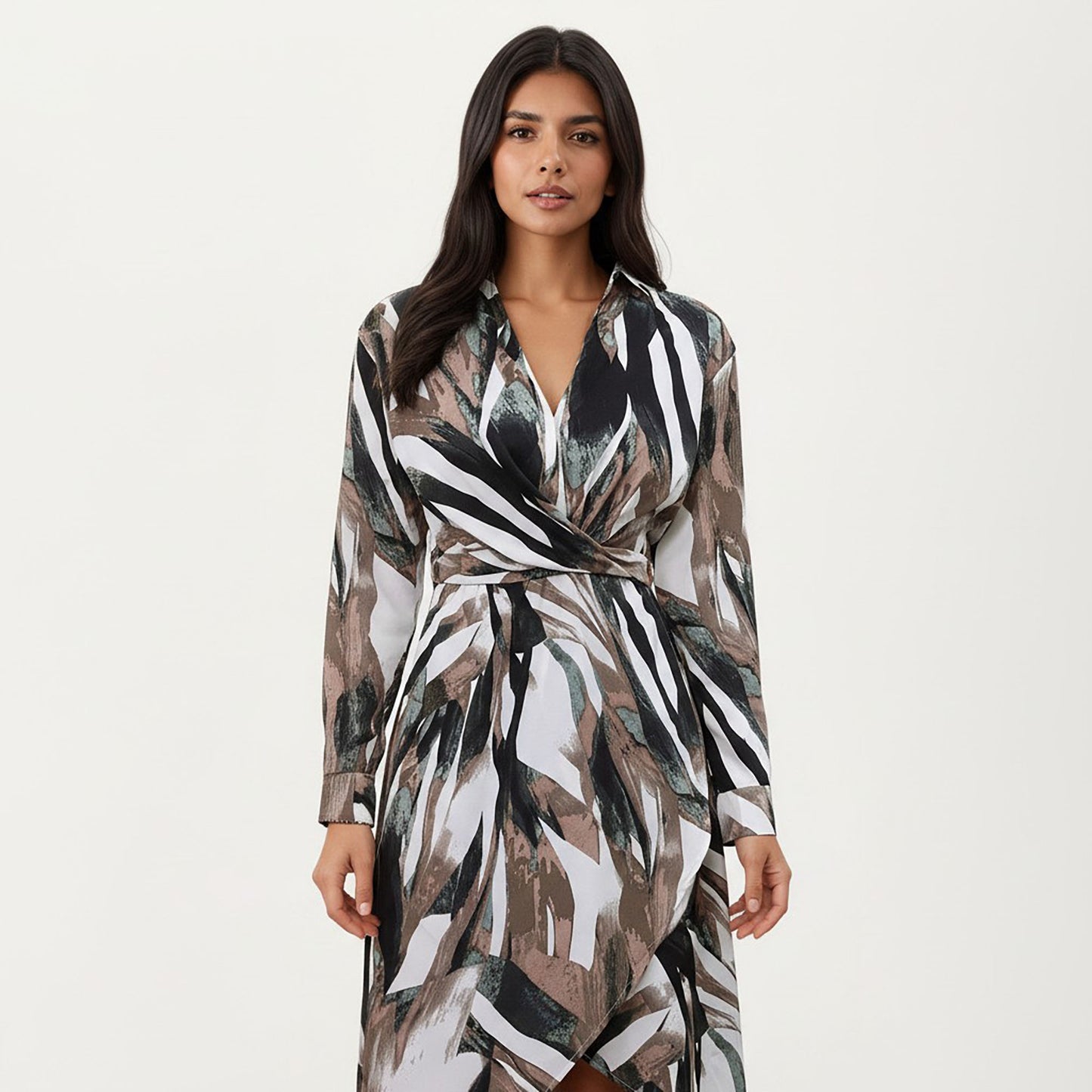 Abstract Print Long Sleeve Wrap Dress with Belt and Asymmetrical Hem for a Flattering Fit