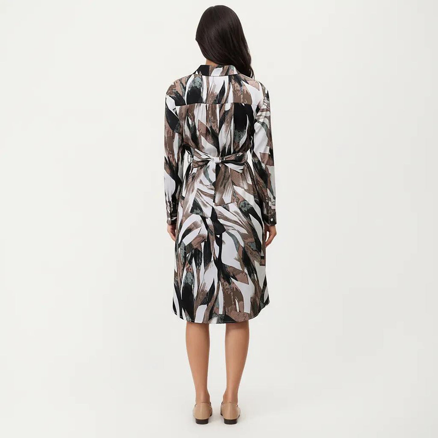 Abstract Print Long Sleeve Wrap Dress with Belt and Asymmetrical Hem for a Flattering Fit
