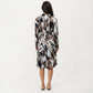 Abstract Print Long Sleeve Wrap Dress with Belt and Asymmetrical Hem for a Flattering Fit